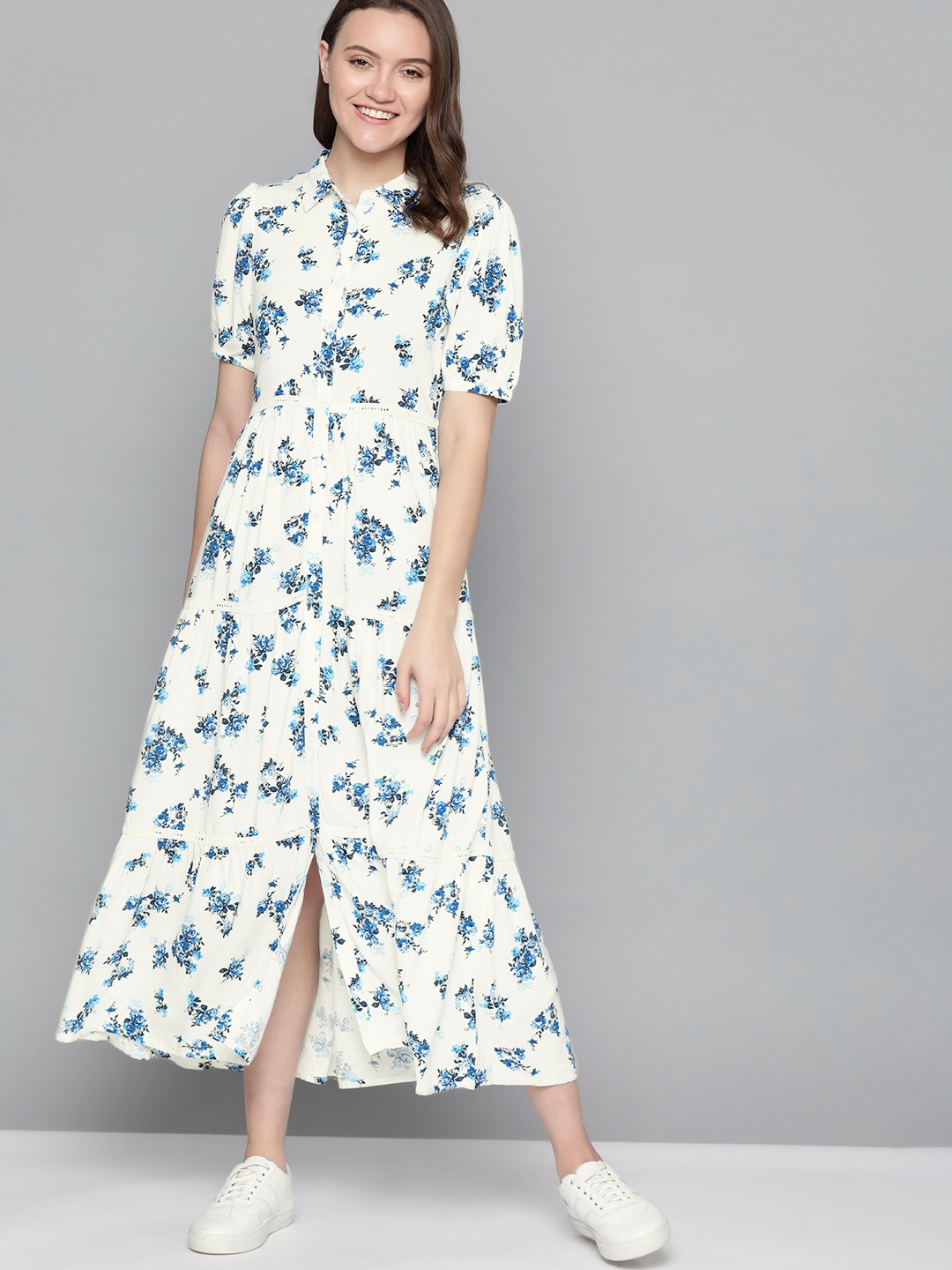 

Mast & Harbour Women White & Blue Floral Printed Midi Tiered Shirt Dress