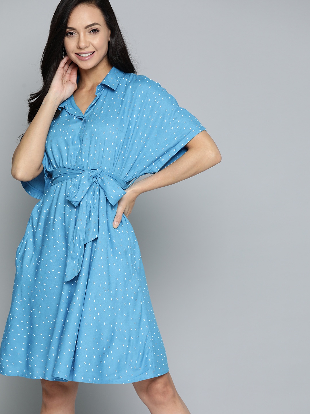 

Mast & Harbour Blue & White Printed Shirt Midi Dress with Belt