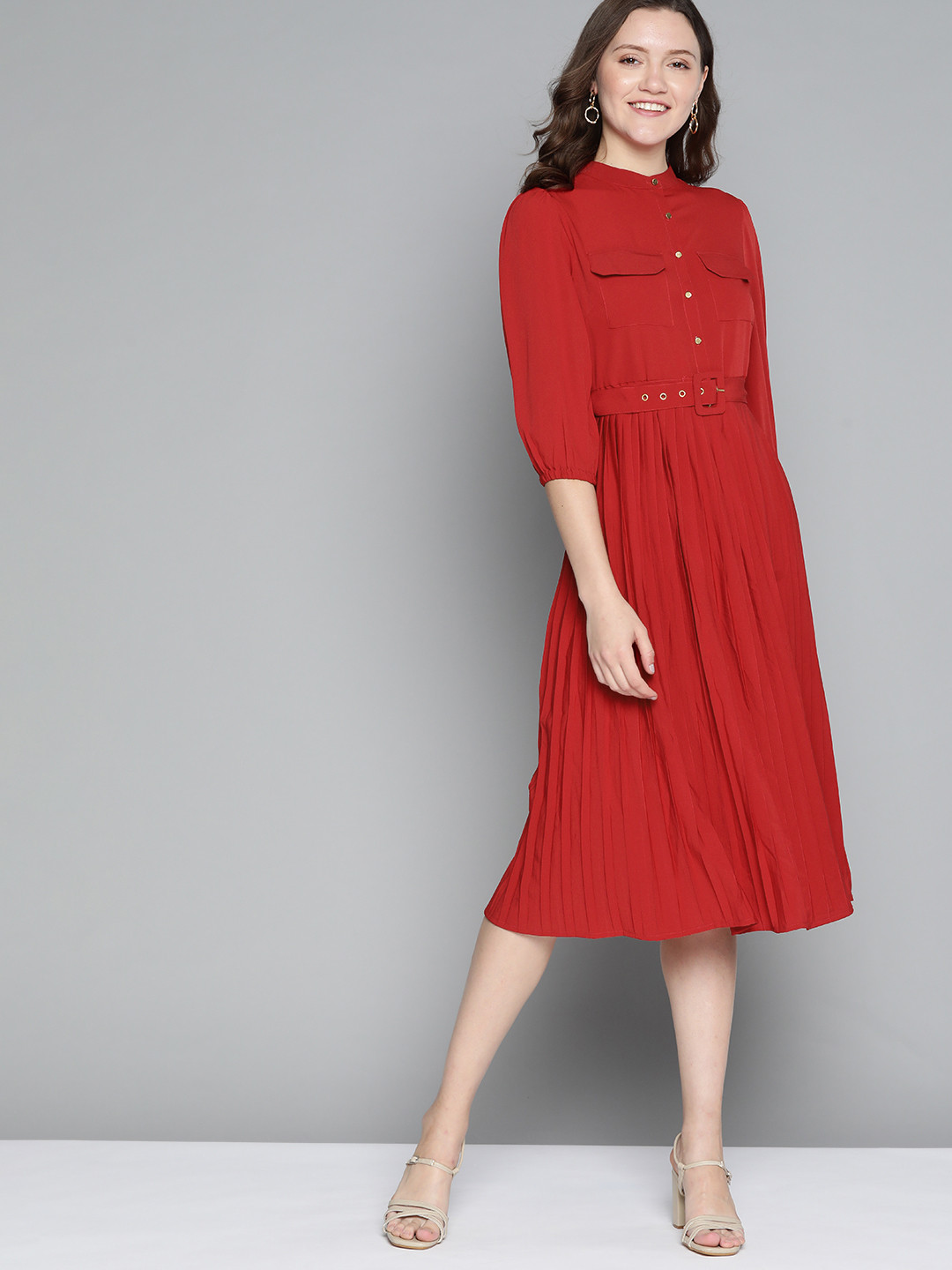 

Mast & Harbour Maroon Accordion Pleat Fit & Flare Dress with Belt