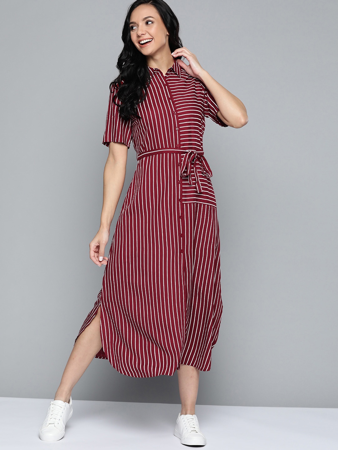 

Mast & Harbour Maroon & White Striped Shirt Midi Dress