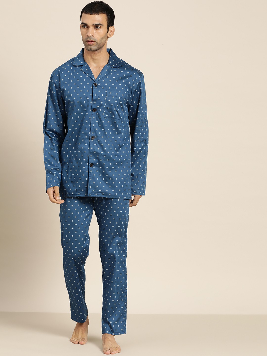 

Hancock Men Blue & White Printed Pure Cotton Pyjama Sets