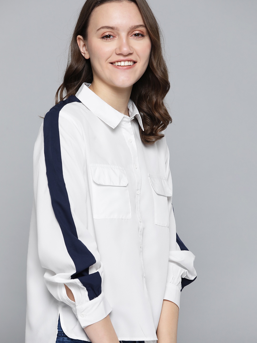 

Mast & Harbour Women White & Navy Blue Solid Casual Shirt with Side Taping Detail