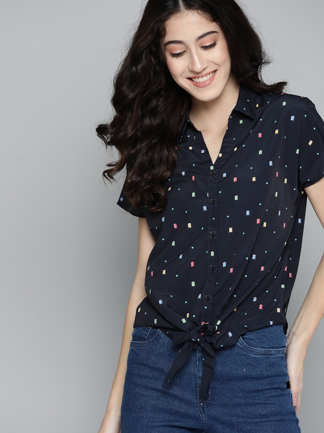 

Mast & Harbour Women Navy Blue & Yellow Conversational Printed Casual Shirt
