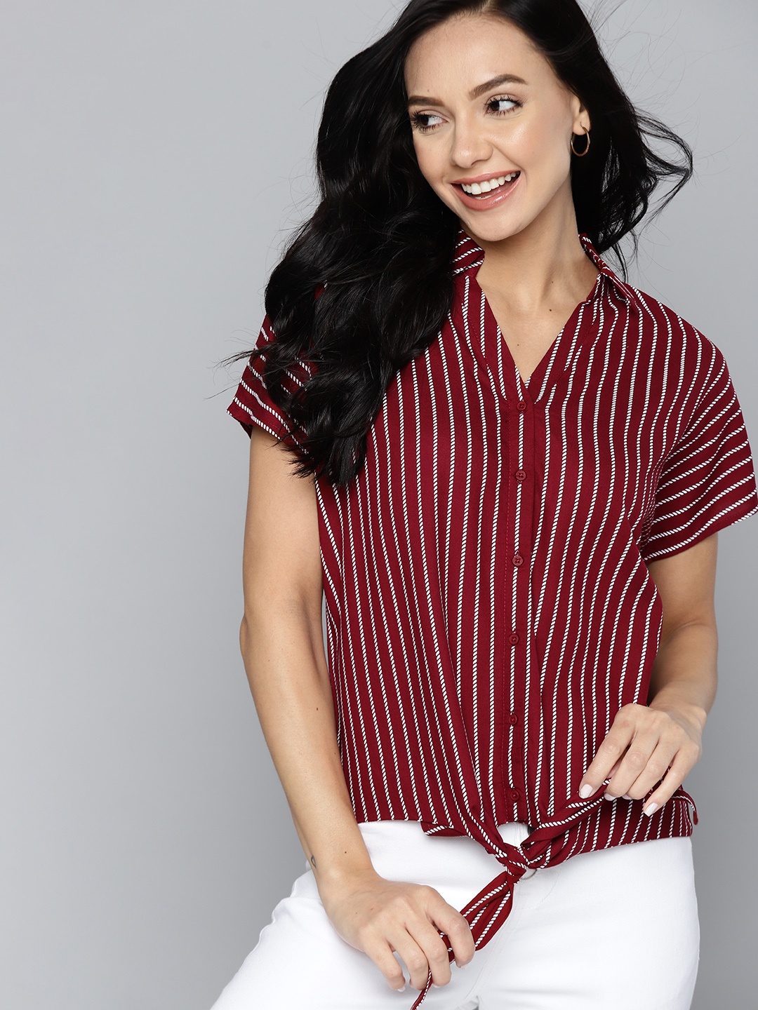 

Mast & Harbour Women Maroon & White Striped Casual Shirt with Tie-ups