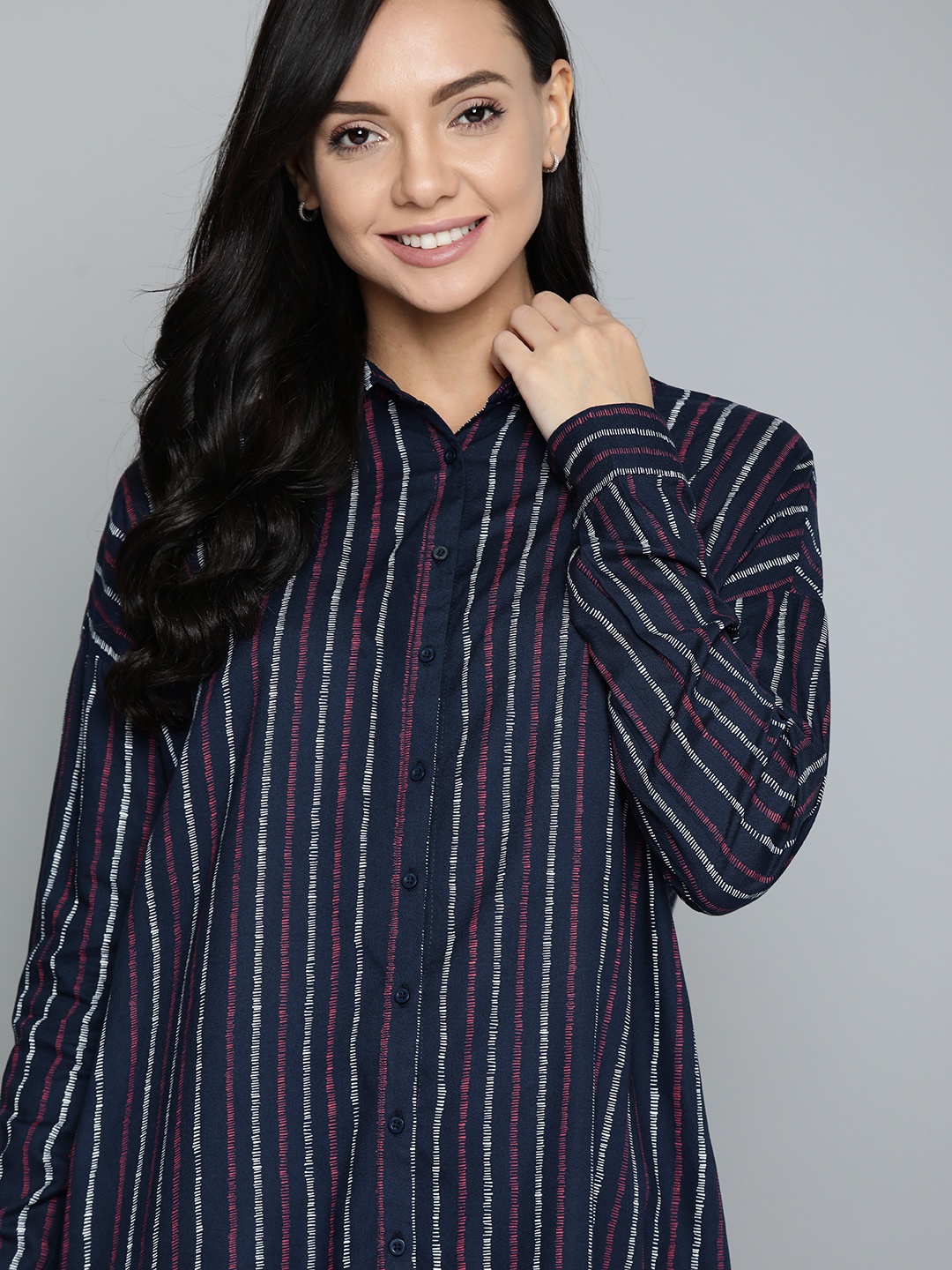 

Mast & Harbour Women Navy & White Striped Casual Shirt, Navy blue