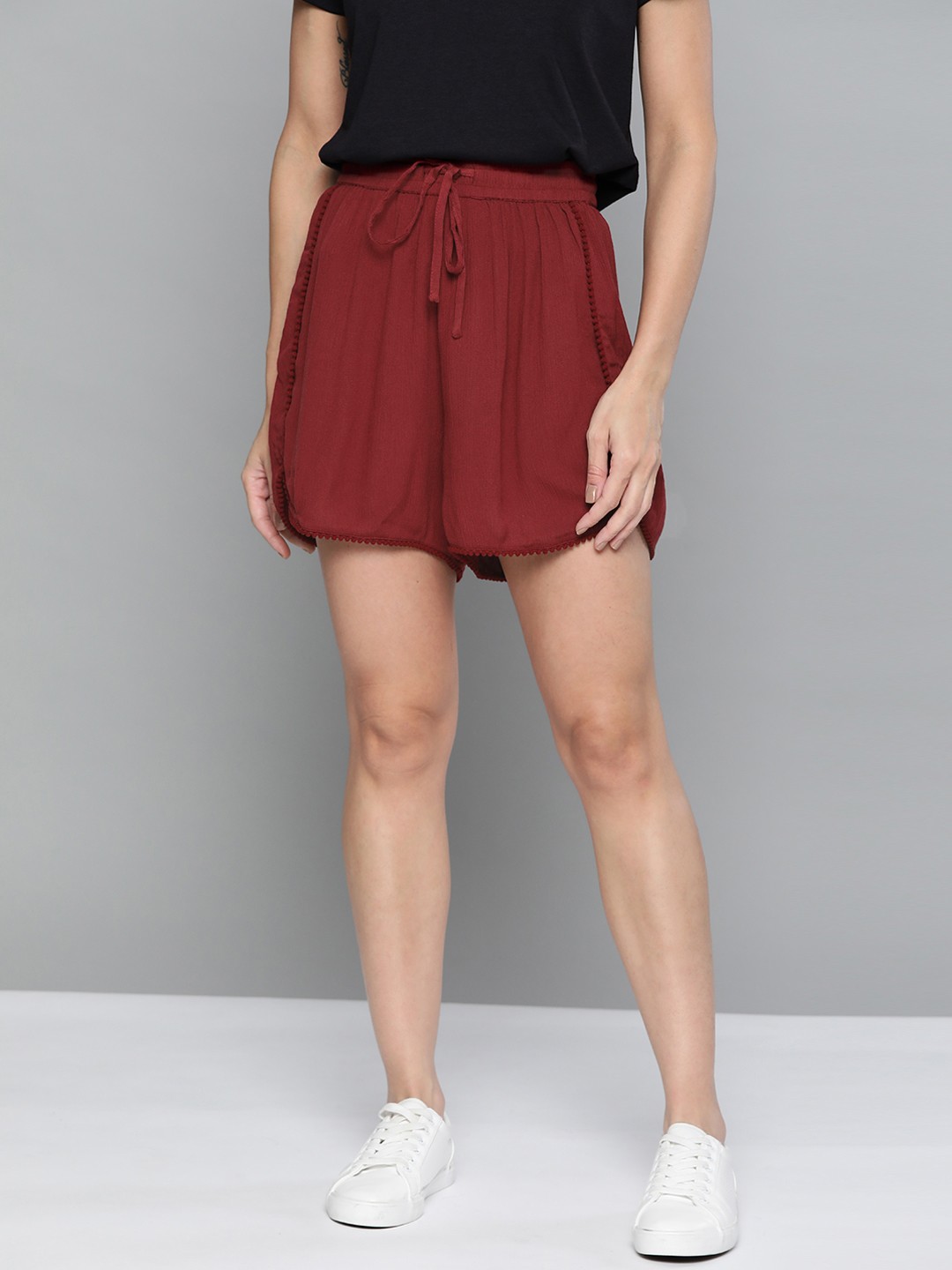 

Mast & Harbour Women Maroon Solid Regular Shorts