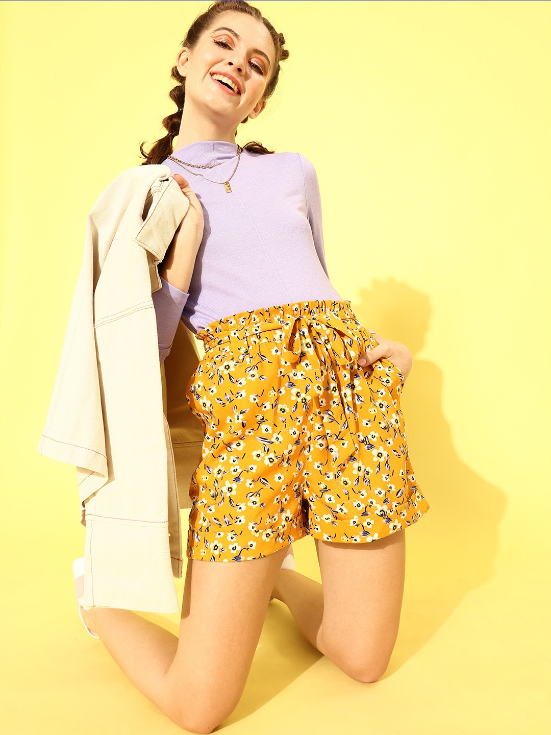 

Mast & Harbour Women Bright Yellow Floral Cinched Waist Shorts