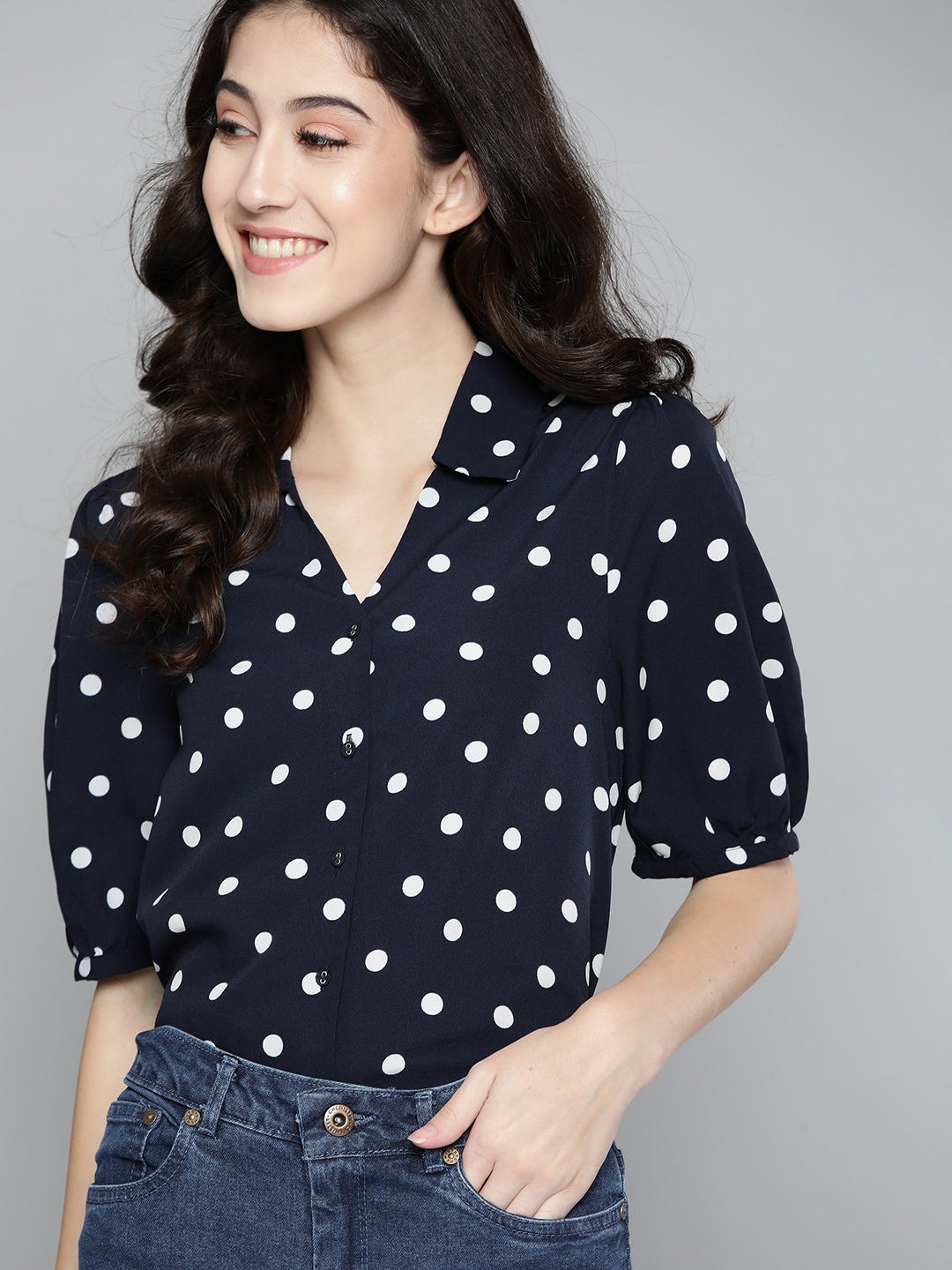 

Mast & Harbour Navy Blue & White Polka Dots Print Shirt Style Top