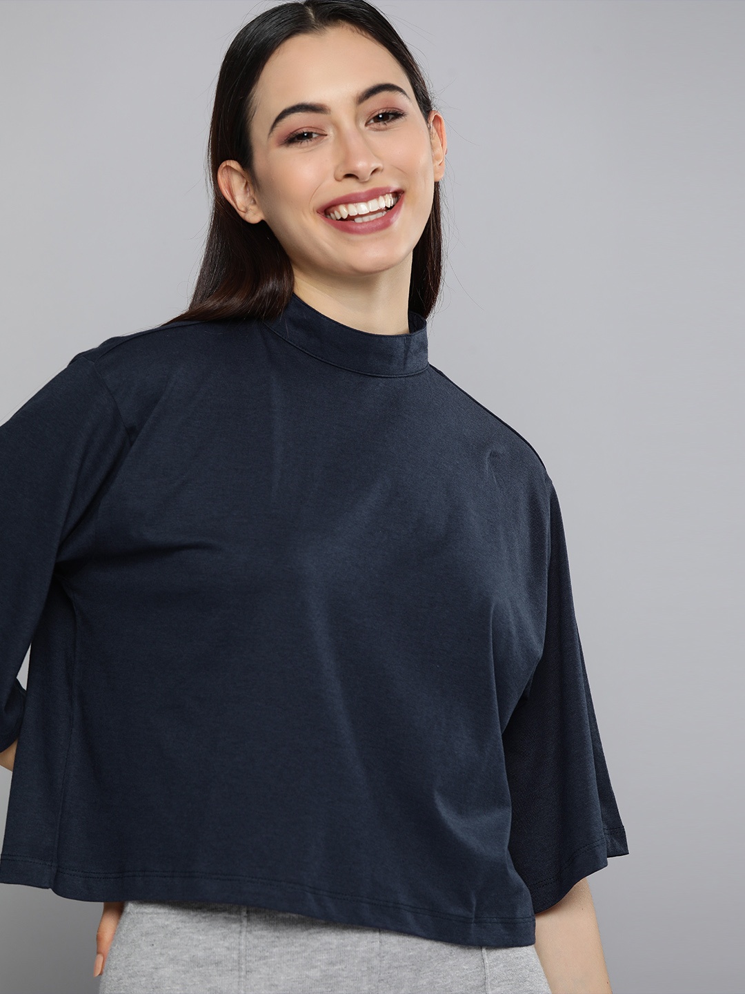 

M&H Easy Navy Blue High Neck Regular Crop Top