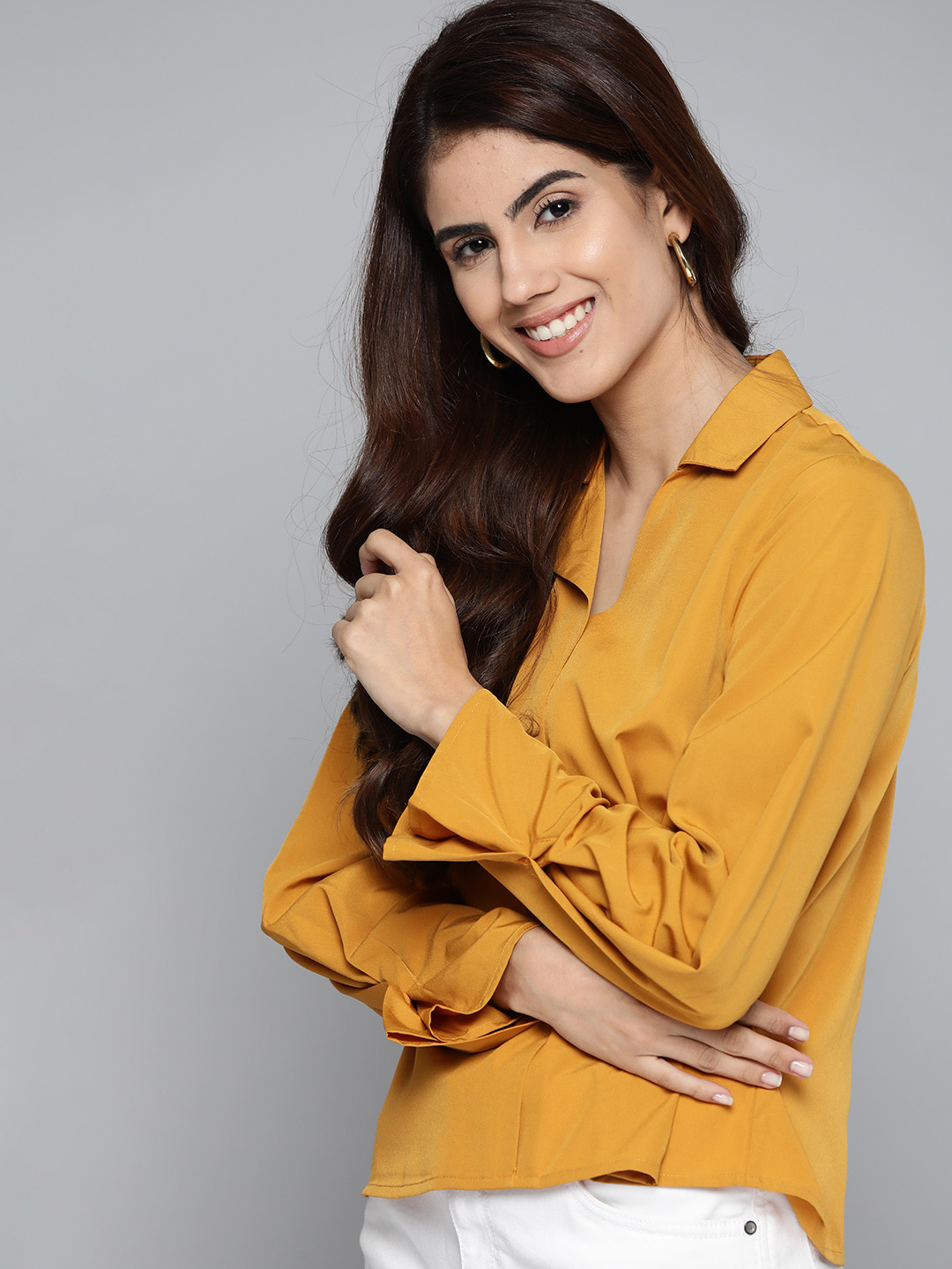 

Mast & Harbour Mustard Yellow Solid Shirt Style Top