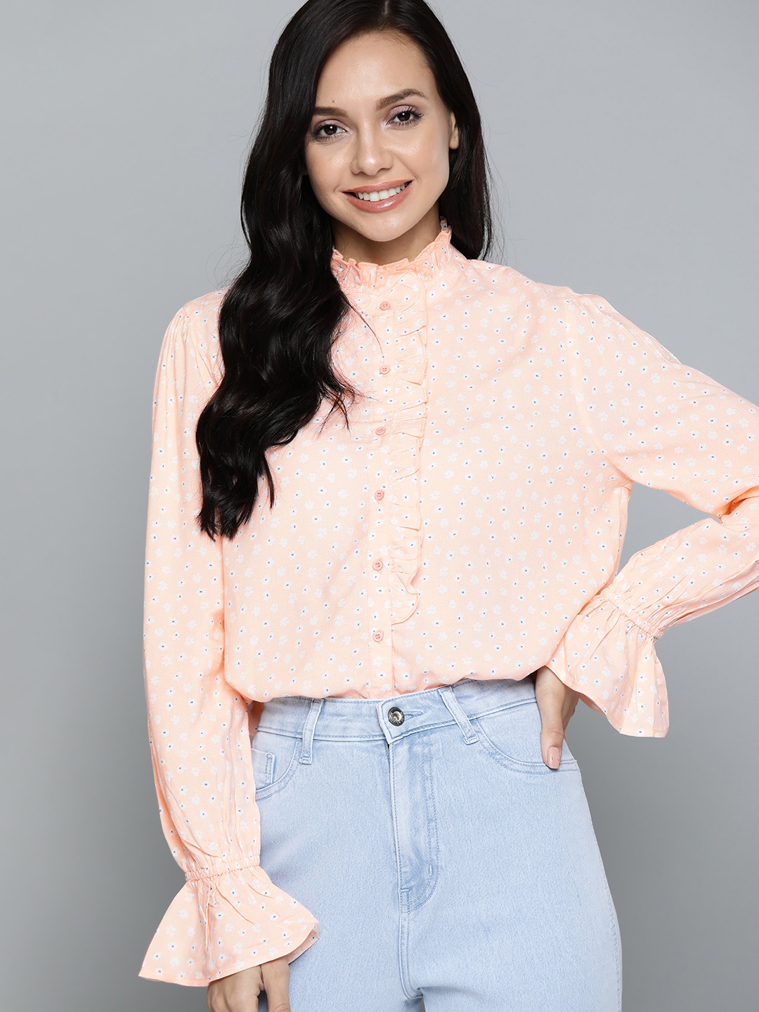 

Mast & Harbour Women Peach-Coloured Floral Opaque Printed Frilled Casual Shirt