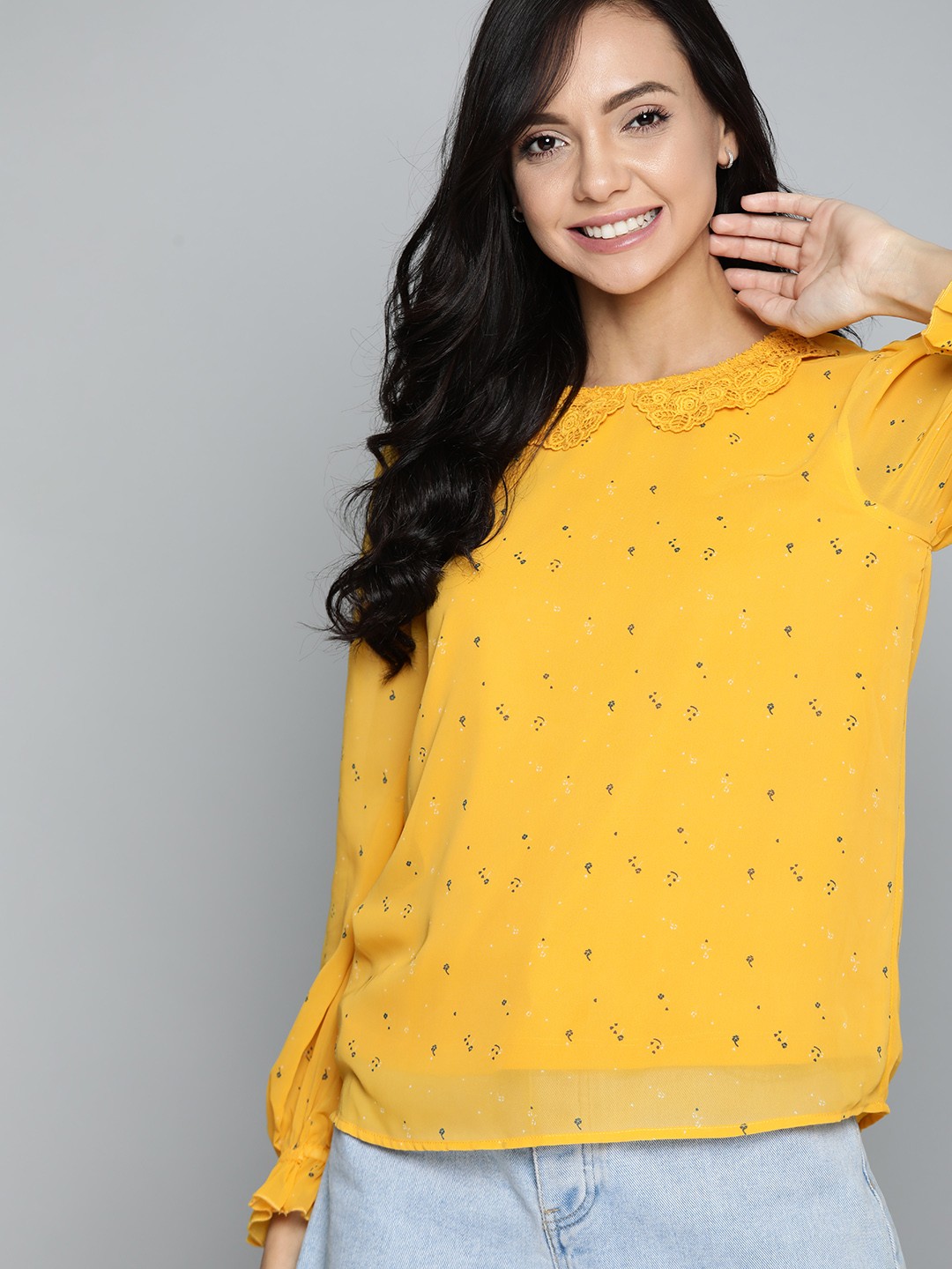 

Mast & Harbour Mustard Yellow & Black Floral Print Regular Top