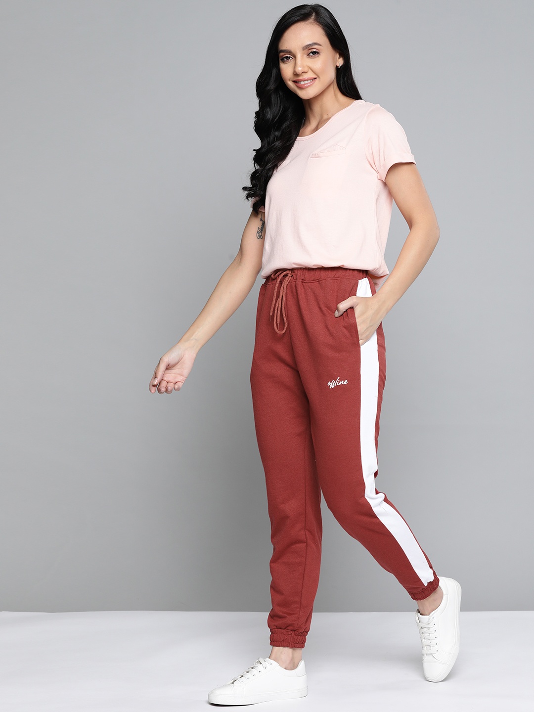 

Mast & Harbour Women Brick Red & White Solid with Side Stripe Knit Joggers