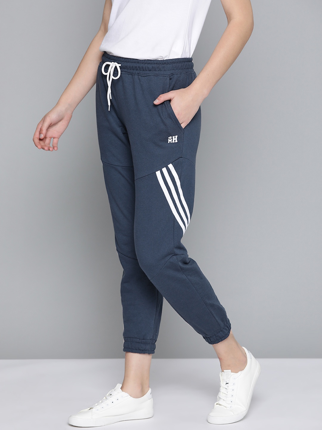 

Mast & Harbour Women Navy Blue Striped Detail Cropped Joggers