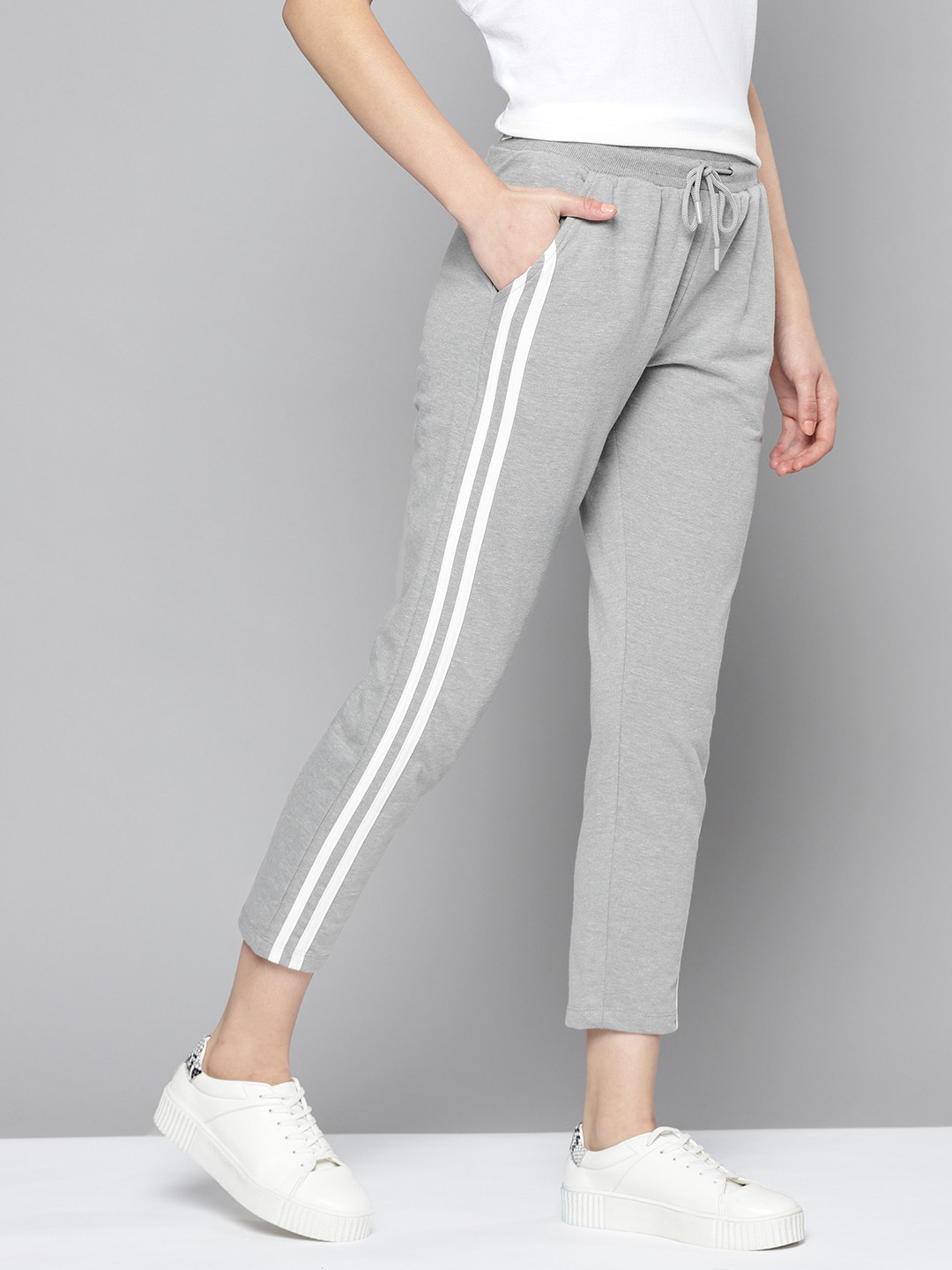 

Mast & Harbour Women Grey Melange Side Taping Cropped Track Pants