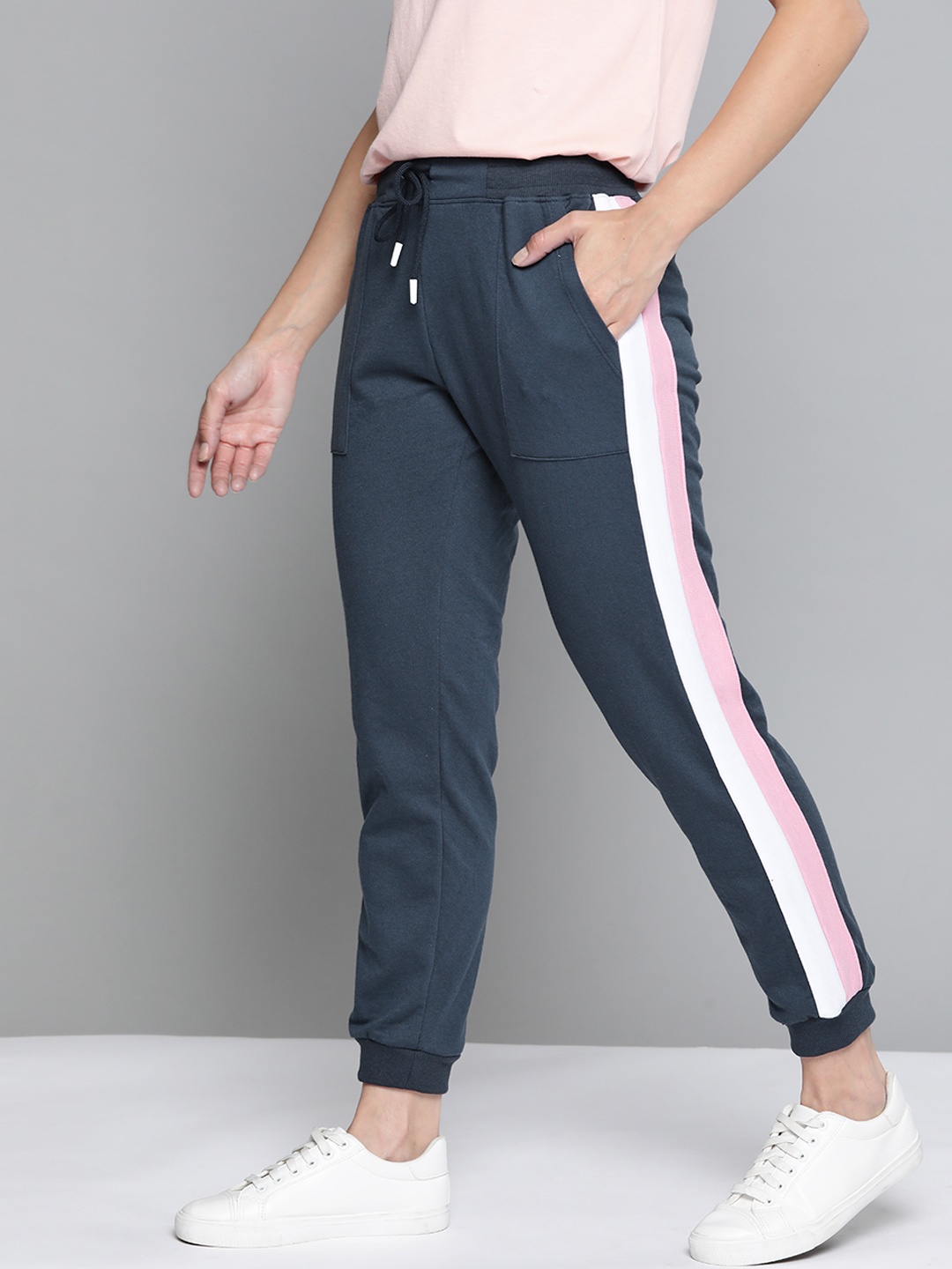 

Mast & Harbour Women Navy Blue & White Solid with Side Stripe Knit Joggers