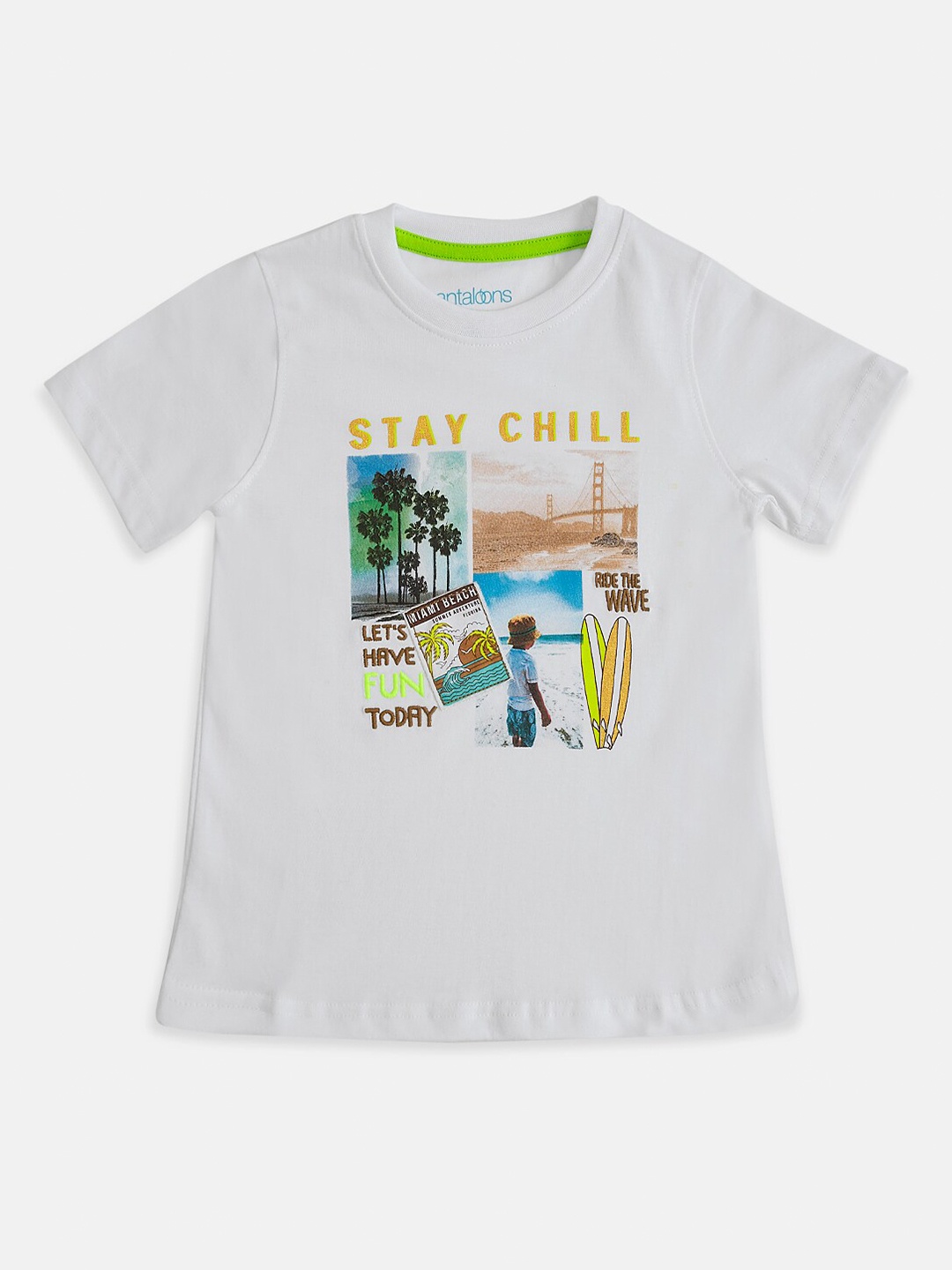 

Pantaloons Junior Boys White Yellow Printed Cotton Pure Cotton T-shirt