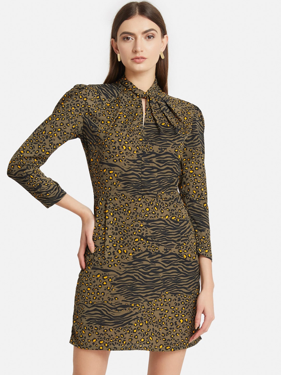 

Kazo Olive Green Animal Print Keyhole Neck Sheath Dress