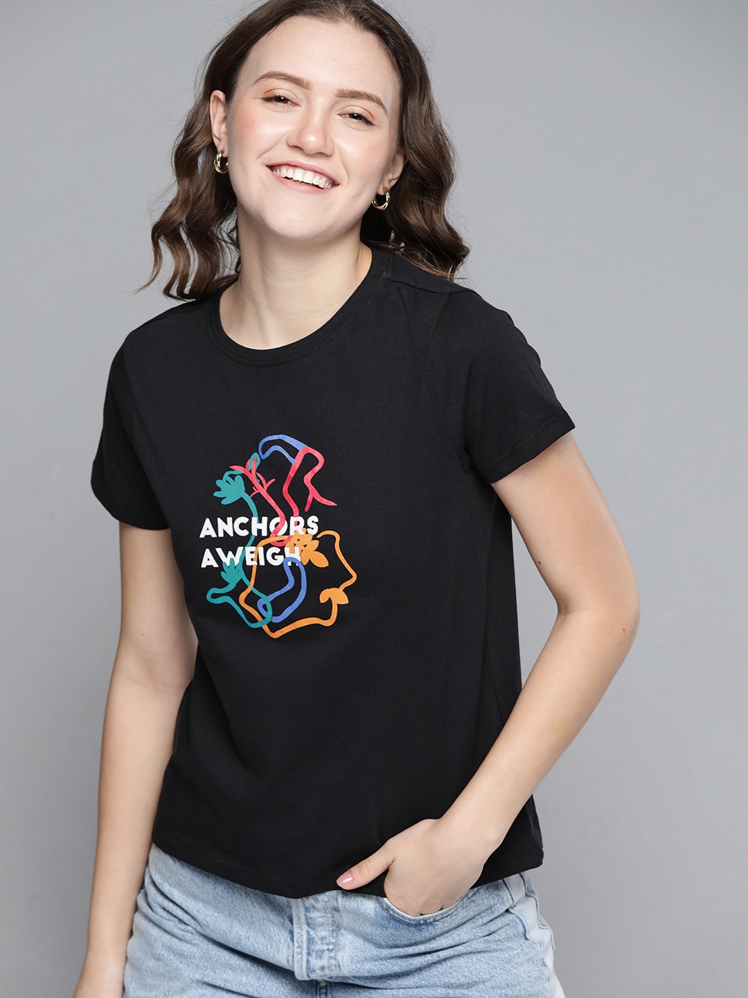 

Mast & Harbour Women Black Printed Cotton T-shirt