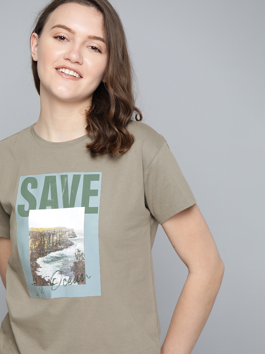 

M&H Our Water Women Olive Green & White Printed Pure Cotton Sustainable T-shirt