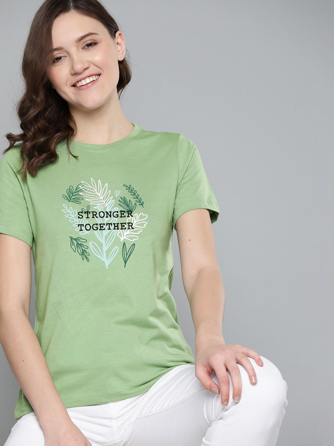 

M&H Our Water Women Green Printed Sustainable Embroidered T-shirt