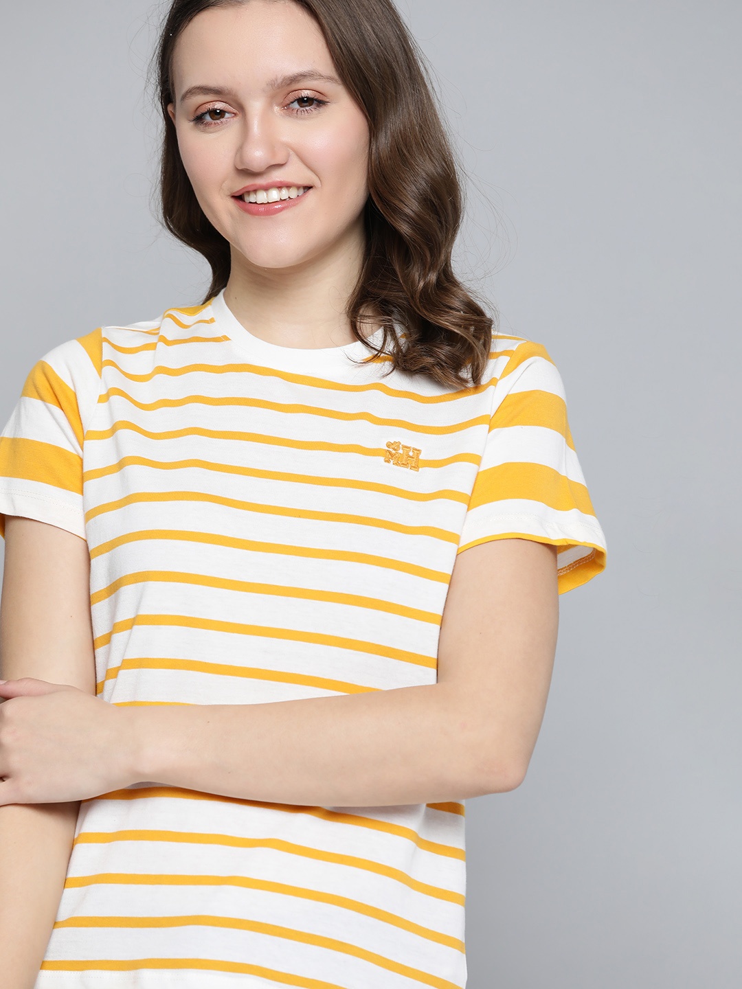 

Mast & Harbour Women White & Yellow Striped Cotton T-shirt