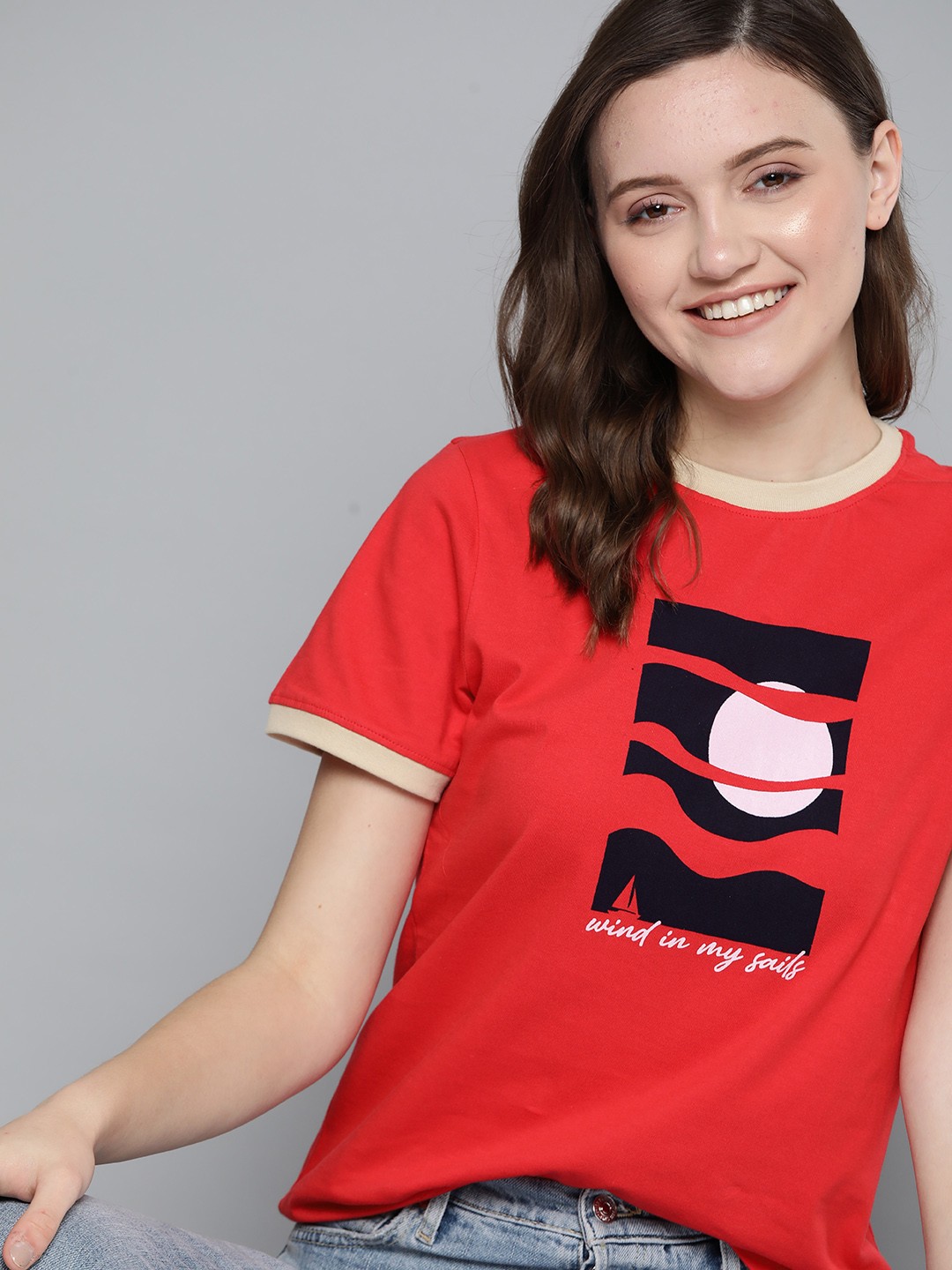 

Mast & Harbour Women Red & Black Printed Pure Cotton Sustainable T-shirt