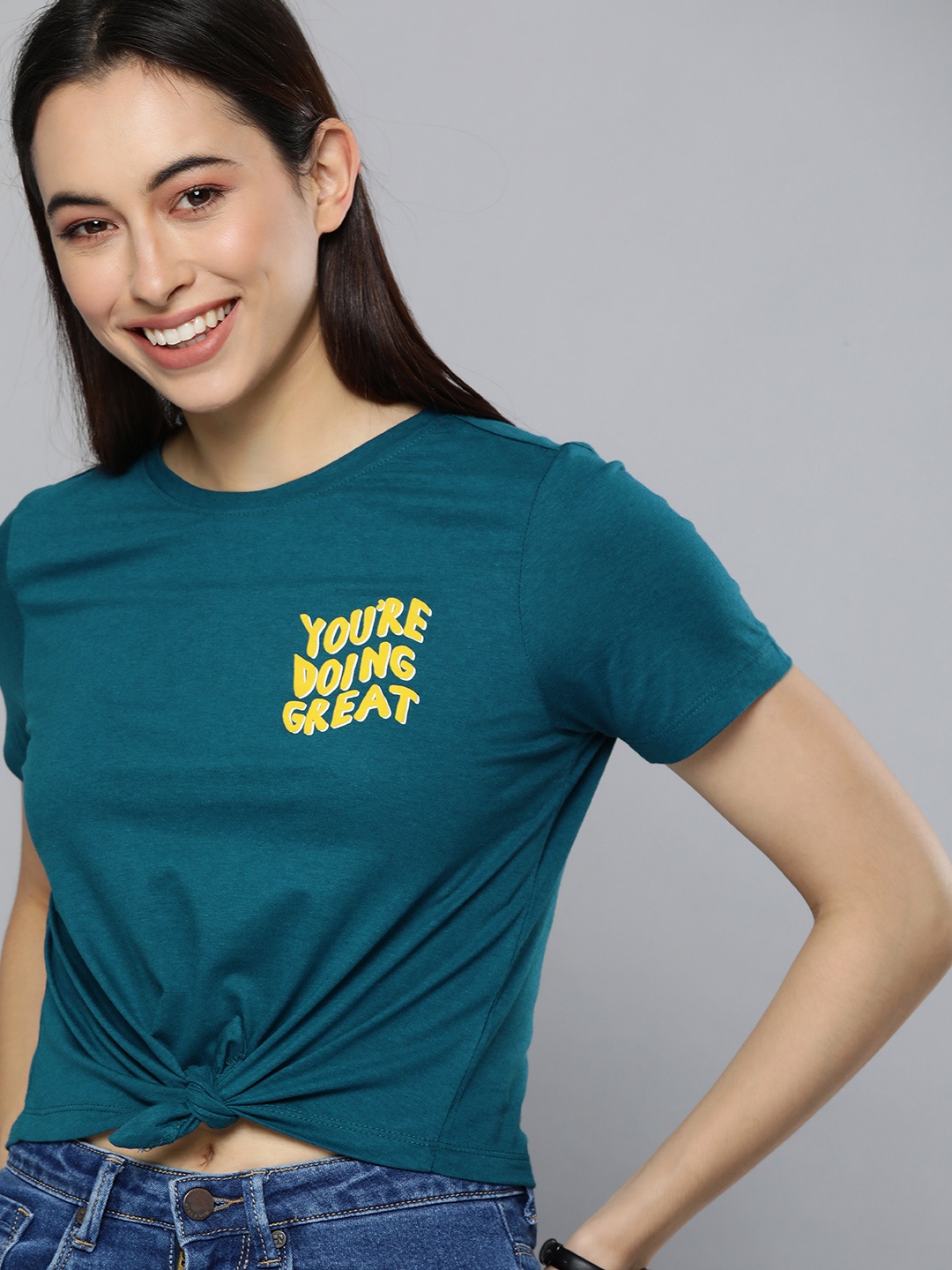 

Mast & Harbour Women Blue Typography Printed T-shirt