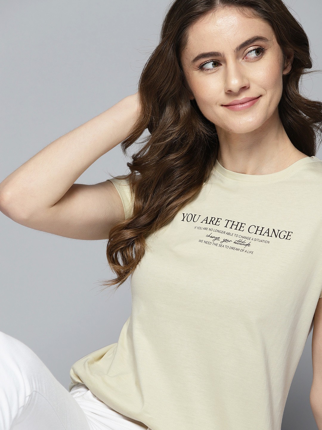 

M&H Our Water Women Beige Typography Printed Cotton Bamboo T-shirt