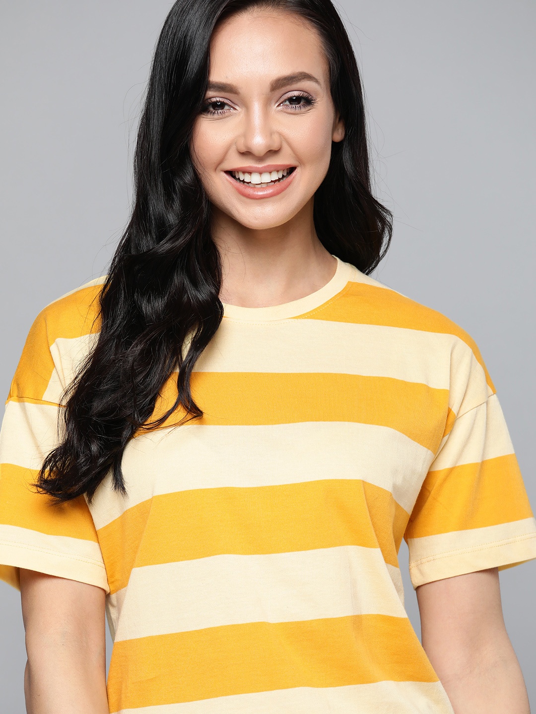

Mast & Harbour Women Mustard Yellow Cotton Striped Drop-Shoulder Sleeves T-shirt