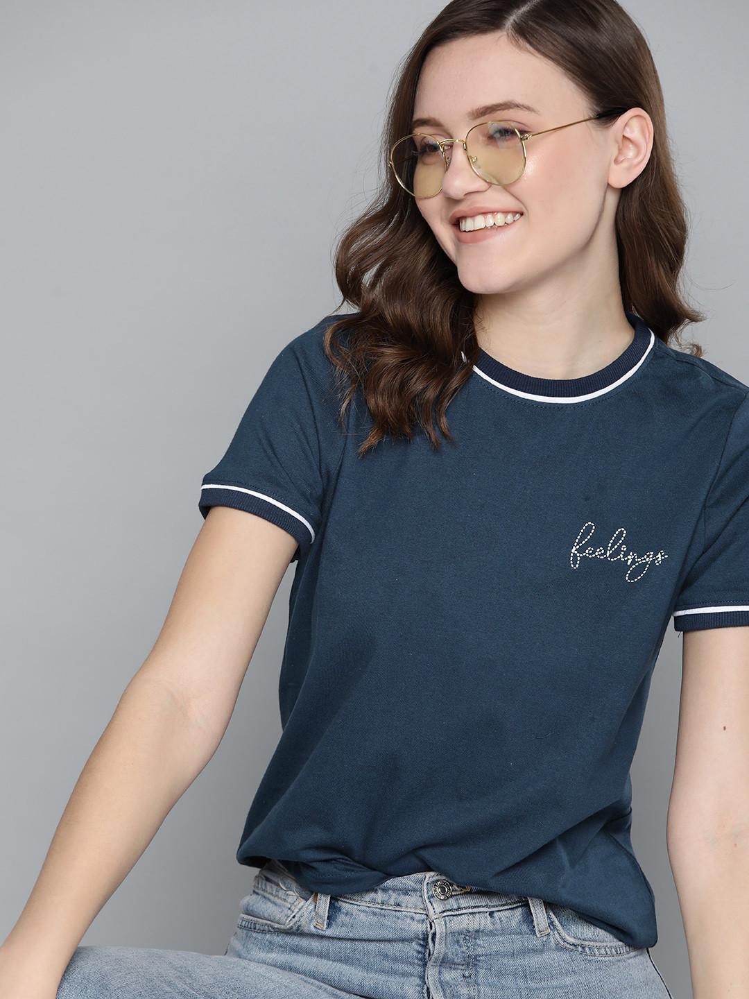 

Mast & Harbour Women Navy Blue Pure Cotton Sustainable T-shirt