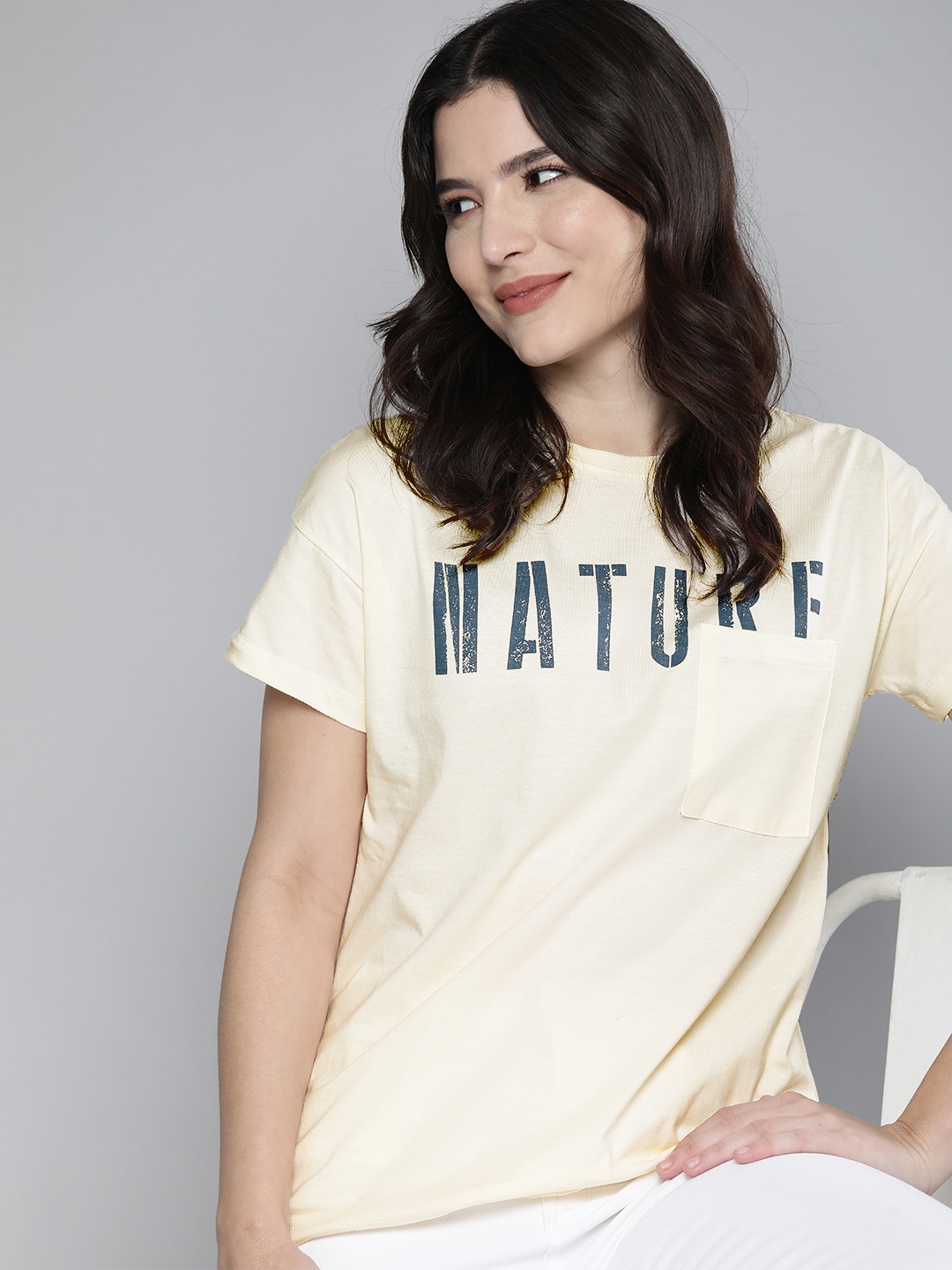 

M&H Our Water Women Cream-Coloured Typography Printed Drop-Shoulder Sleeves T-shirt