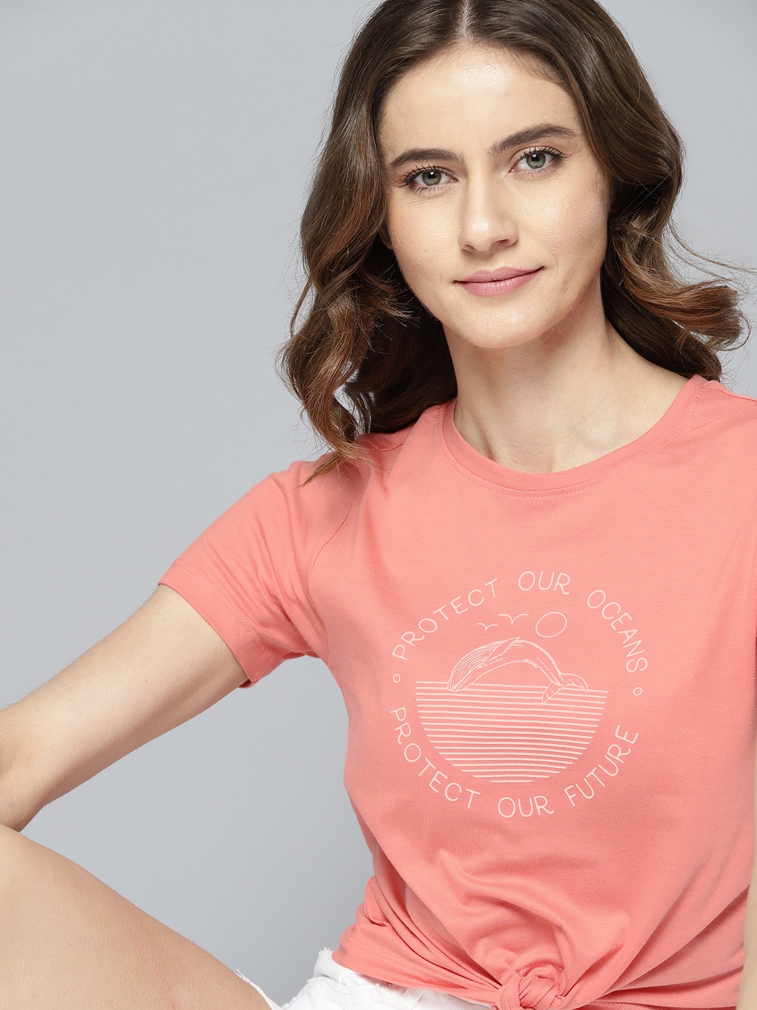 

M&H Our Water Women Peach-Coloured Graphic Printed Casual Sustainable T-shirt