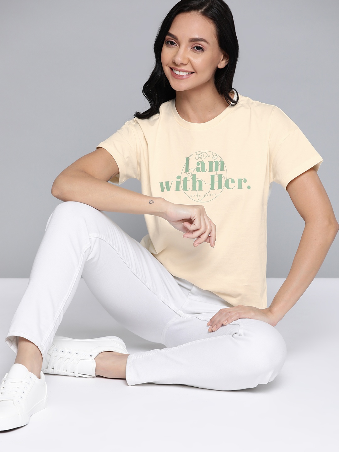 

M&H Our Water Women Cream-Coloured Cotton Sustainable Typography Printed T-shirt