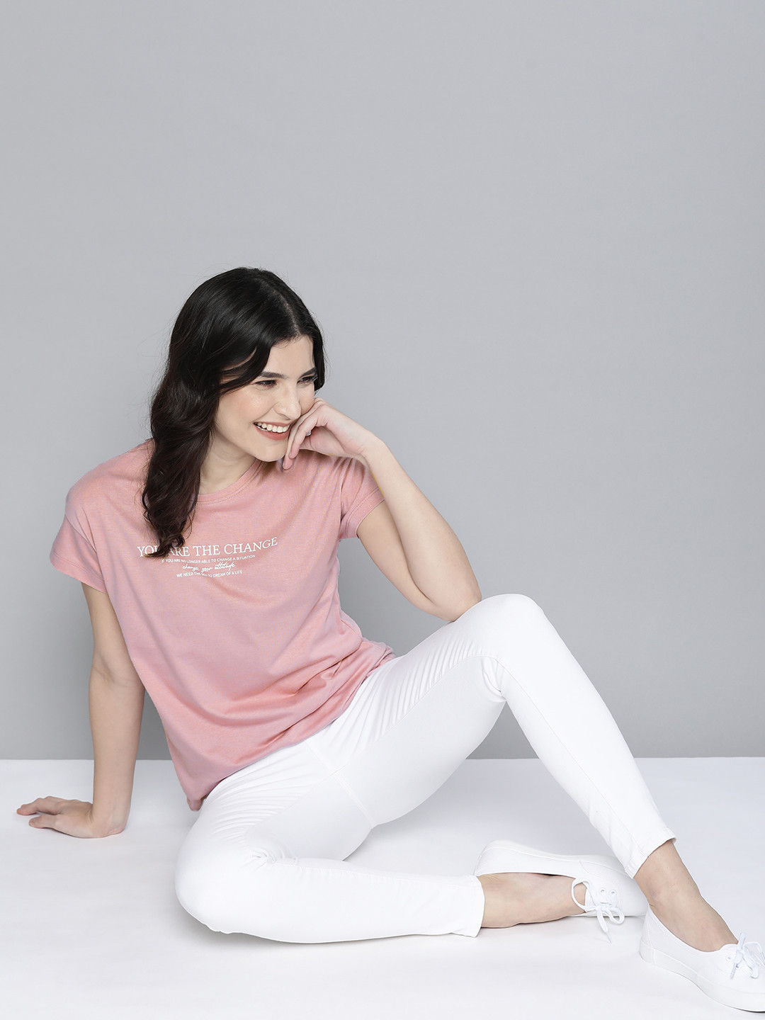 

M&H Our Water Women Pink Typography Printed Drop-Shoulder Sleeves T-shirt