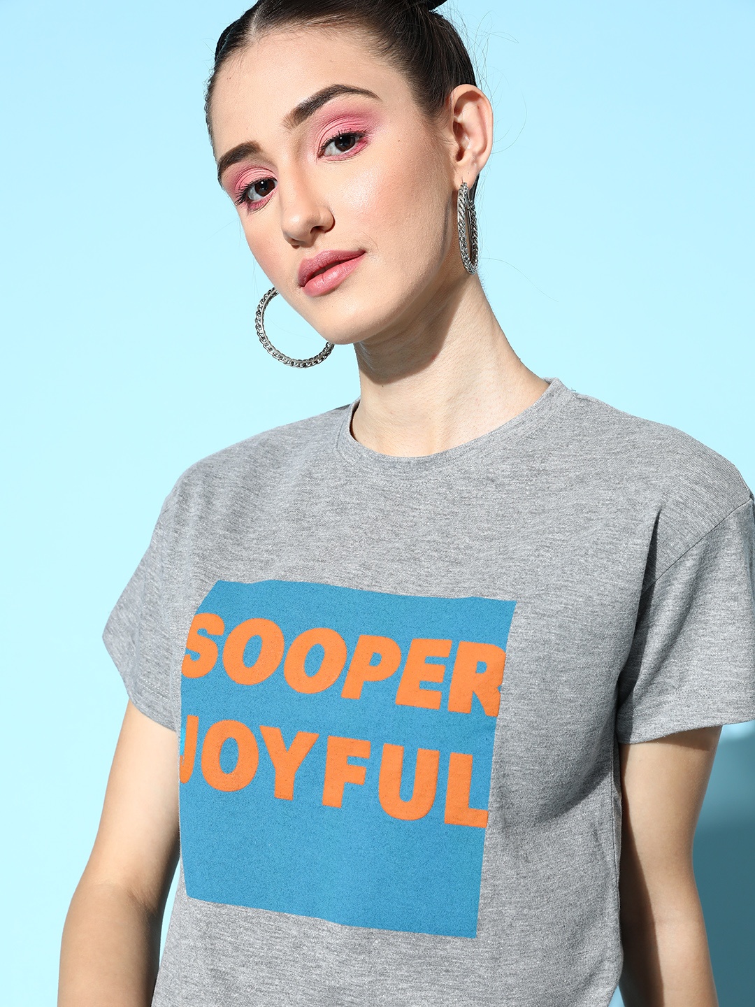 

Mast & Harbour Women Grey Melange & Blue Typography Printed Pure Cotton T-shirt