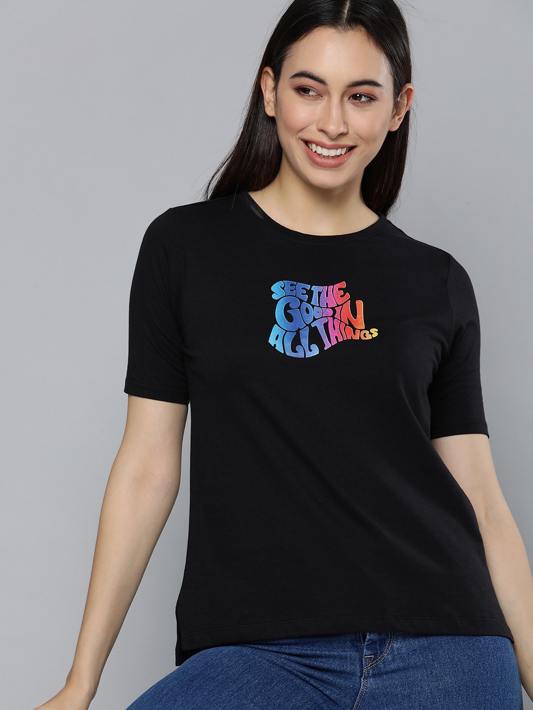 

Mast & Harbour Women Black Typography Printed T-shirt