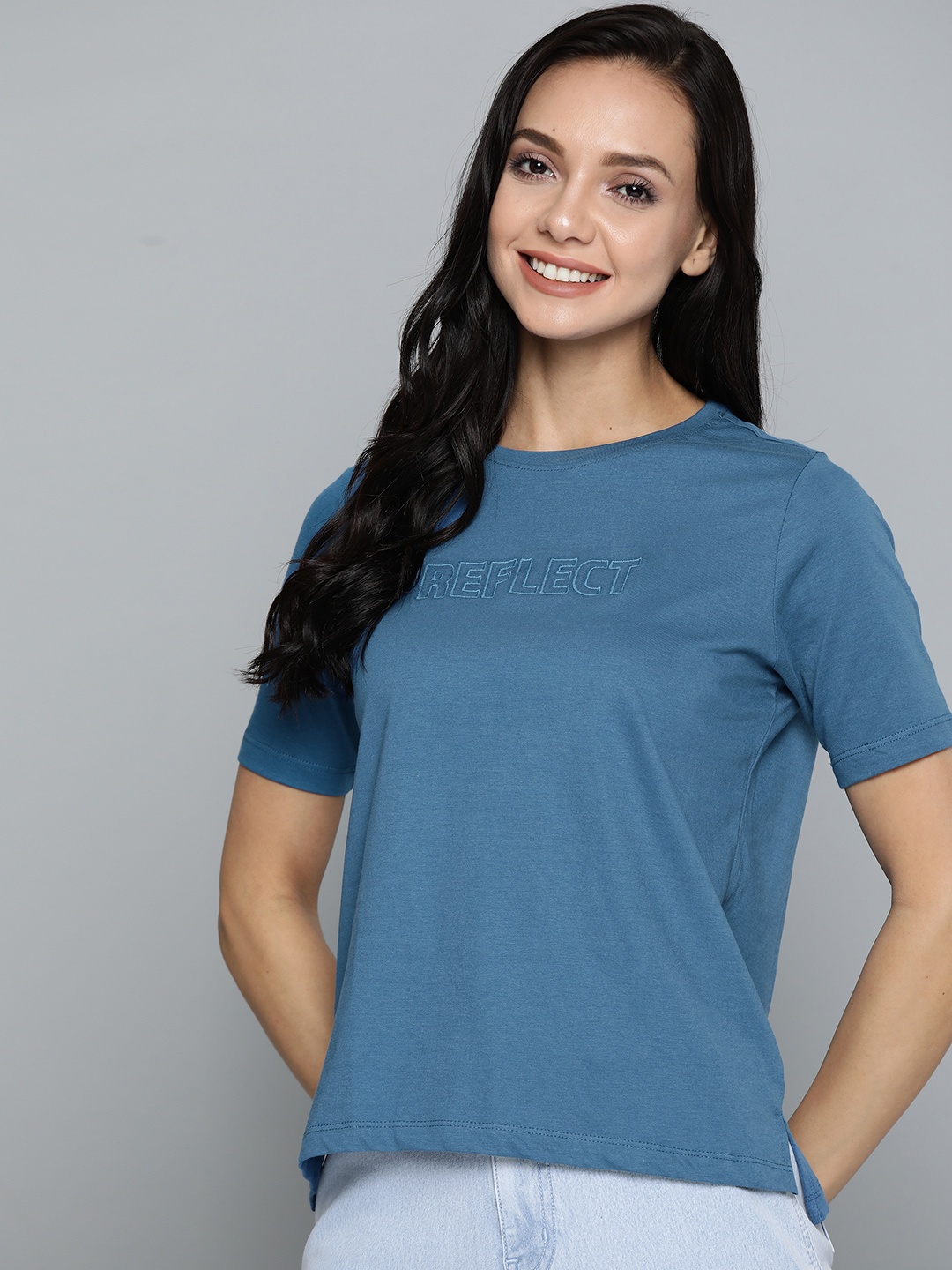

Mast Harbour Women Teal Blue Solid Pure Cotton T-shirt