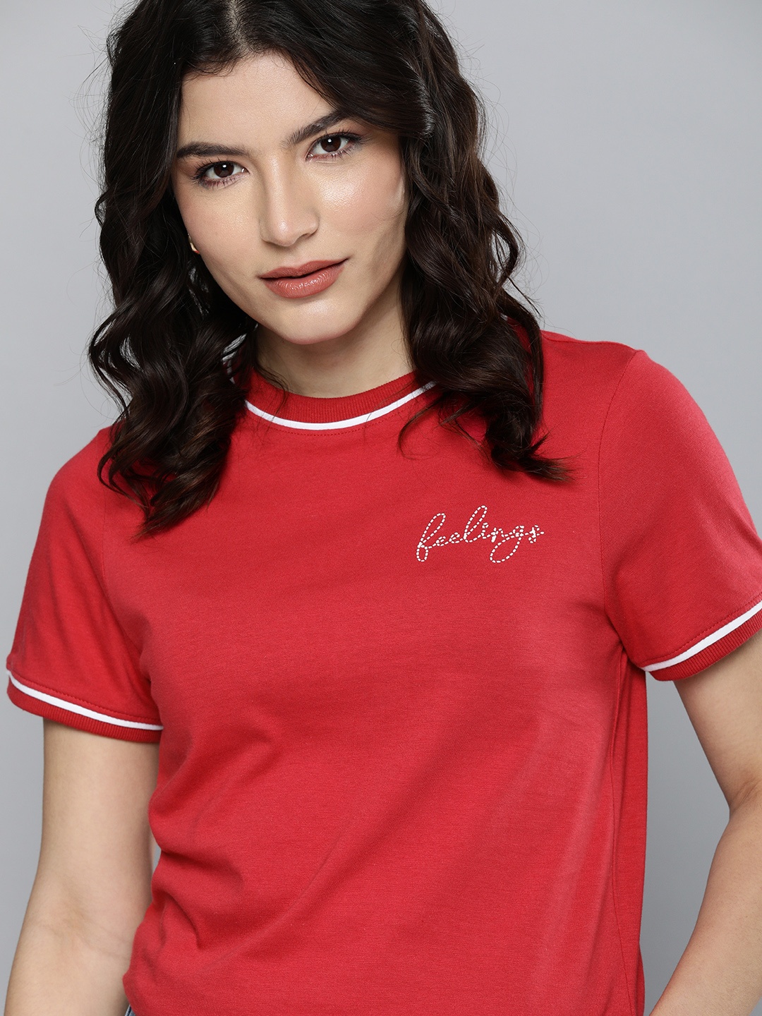 

Mast & Harbour Women's Red Conversational Printed SHort Sleeved Pure Cotton Tshirt