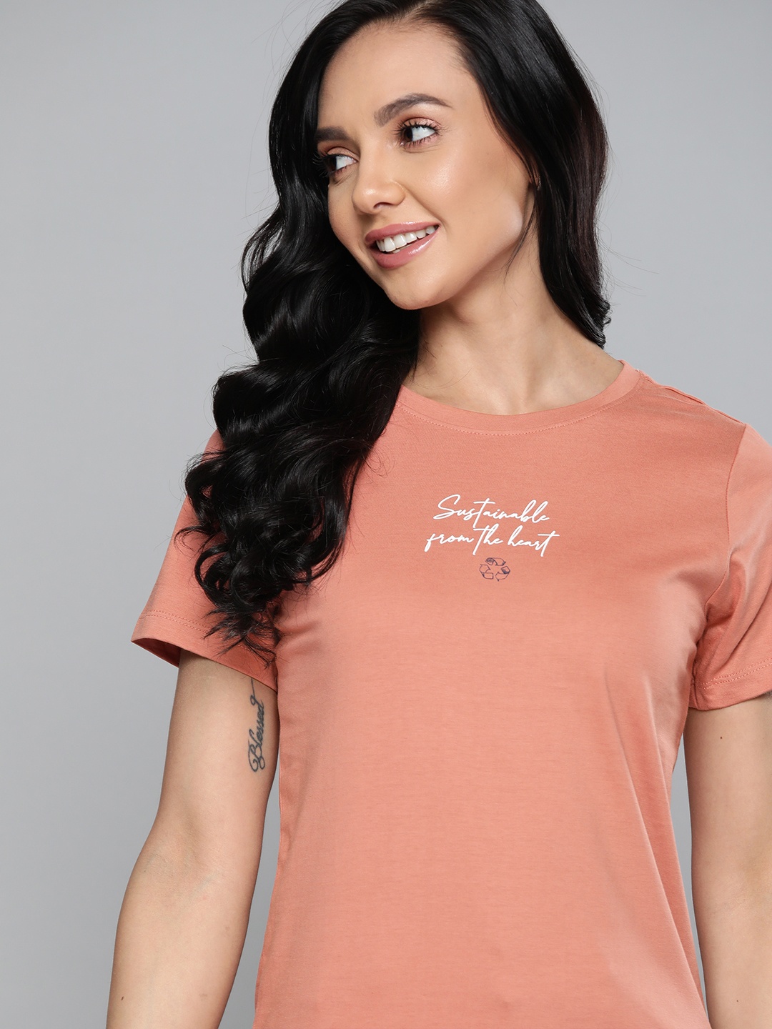 

M&H Our Water Women Pure Cotton Peach-Coloured Printed T-shirt