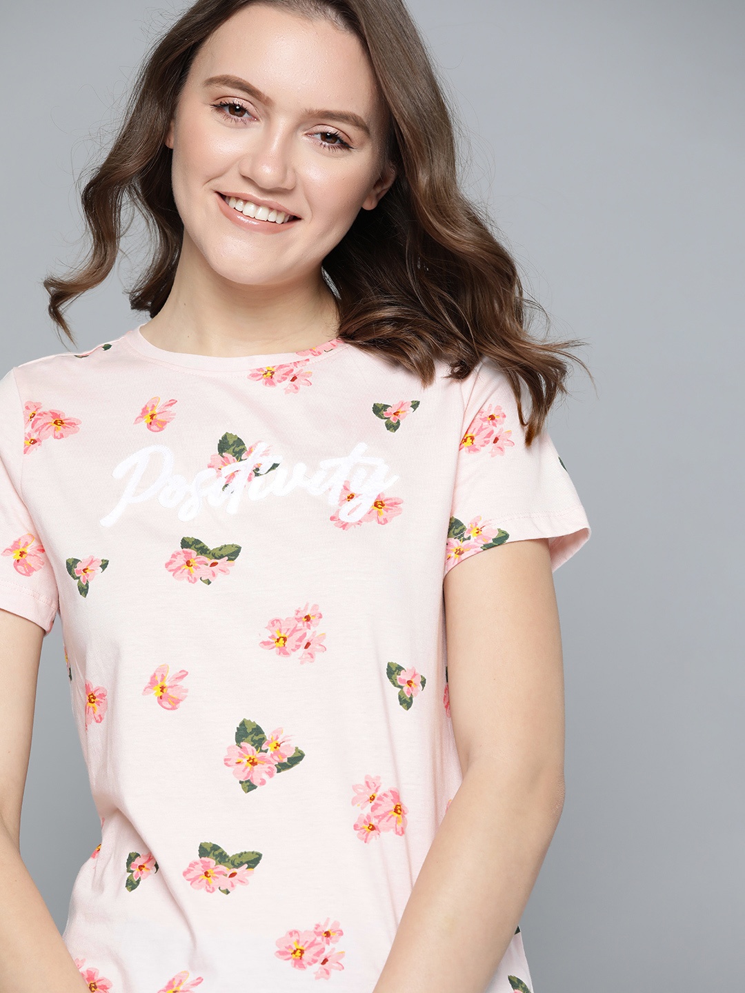 

Mast & Harbour Women Peach-Coloured Pure Cotton Floral Printed T-shirt