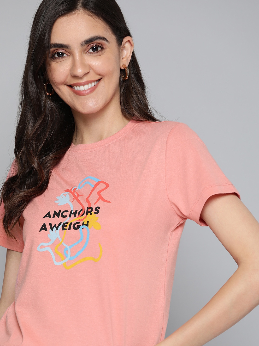 

Mast & Harbour Women Peach-Coloured Typography Printed Pure Cotton T-shirt