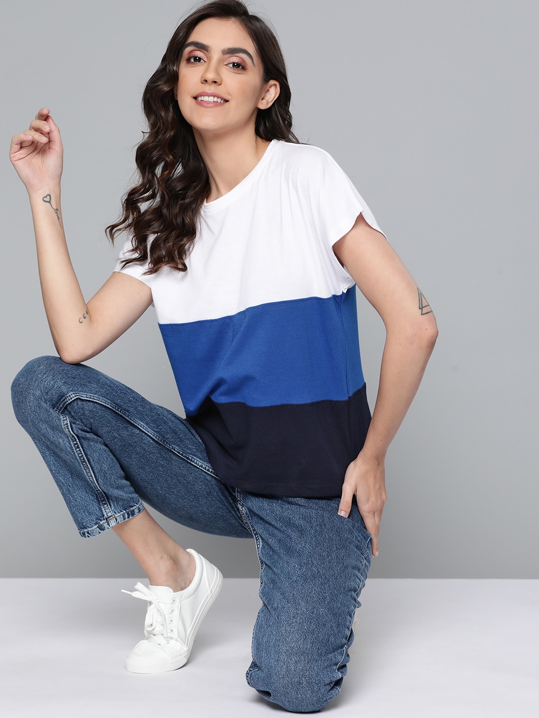 

Mast & Harbour Women Blue & White Colourblocked Pure Cotton T-shirt