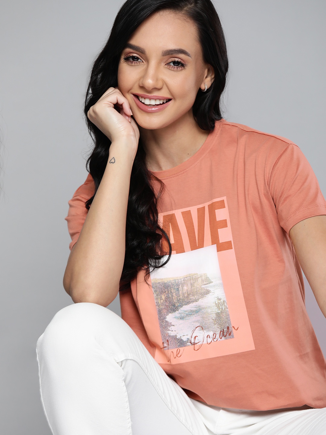 

M&H Our Water Women Peach-Coloured & White Typography Print Pure Cotton T-shirt
