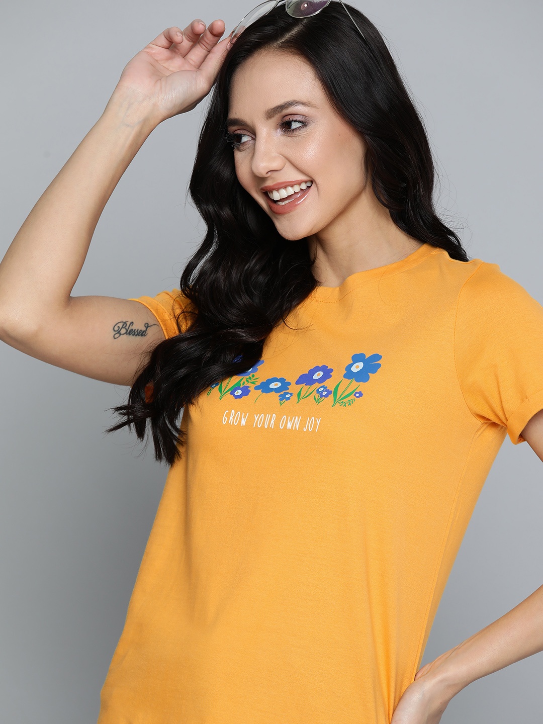 

Mast Harbour Women Mustard Yellow Blue Pure Cotton Typography Printed Pure Cotton T-shirt