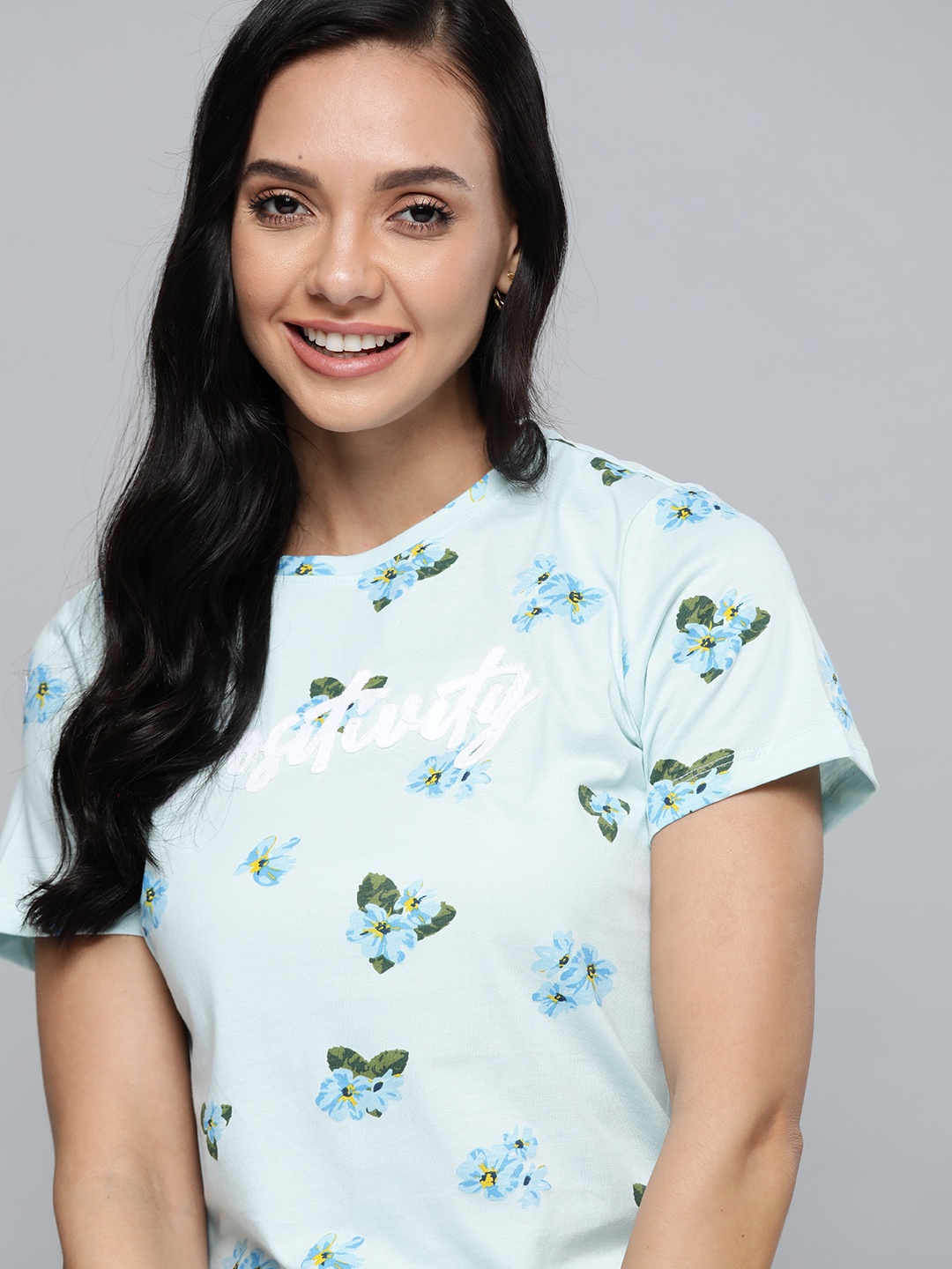 

Mast & Harbour Women Blue & Olive Green Pure Cotton Floral Printed T-shirt