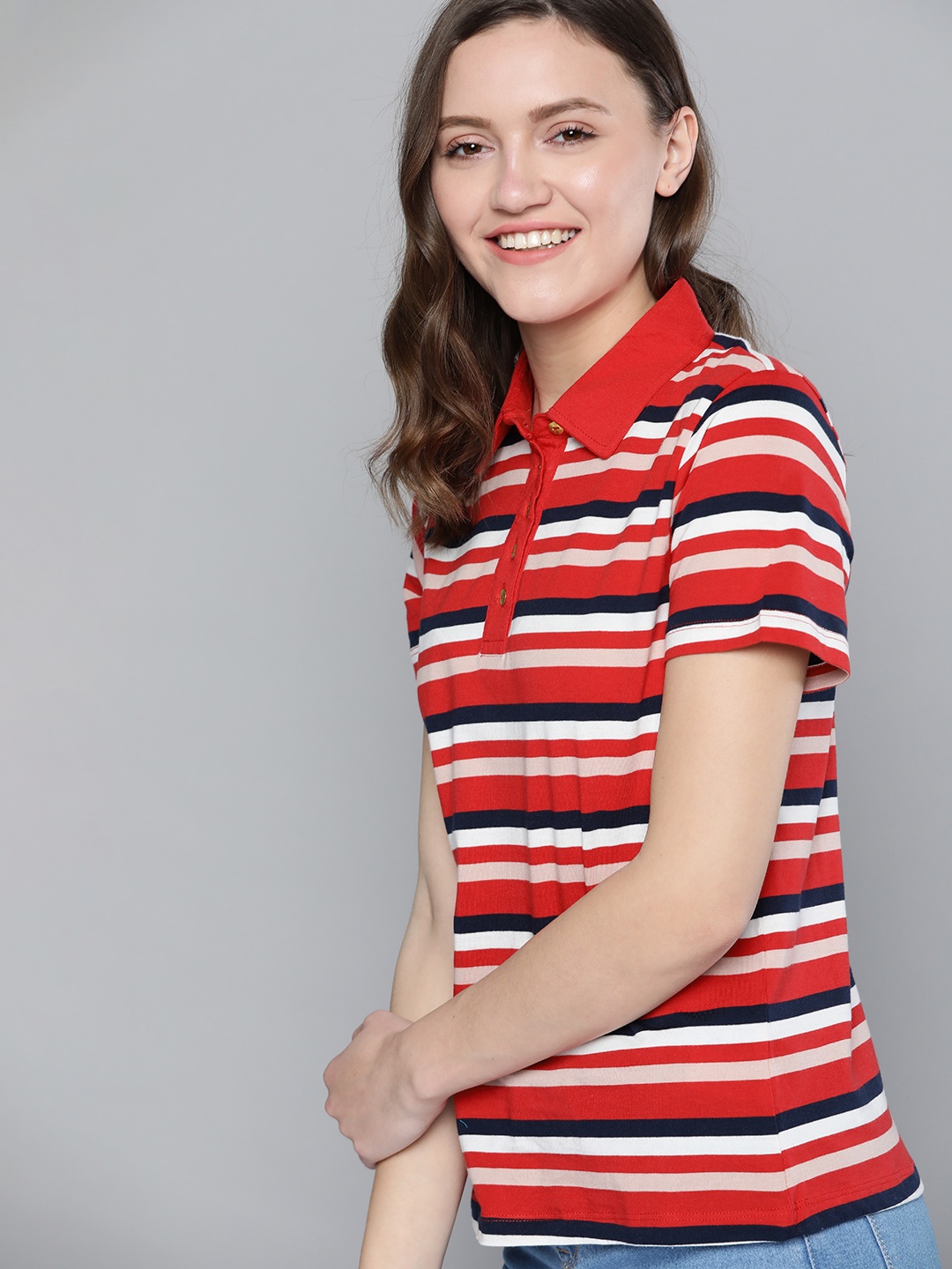 

Mast & Harbour Women Red & White Striped Pure Cotton Polo Collar T-shirt