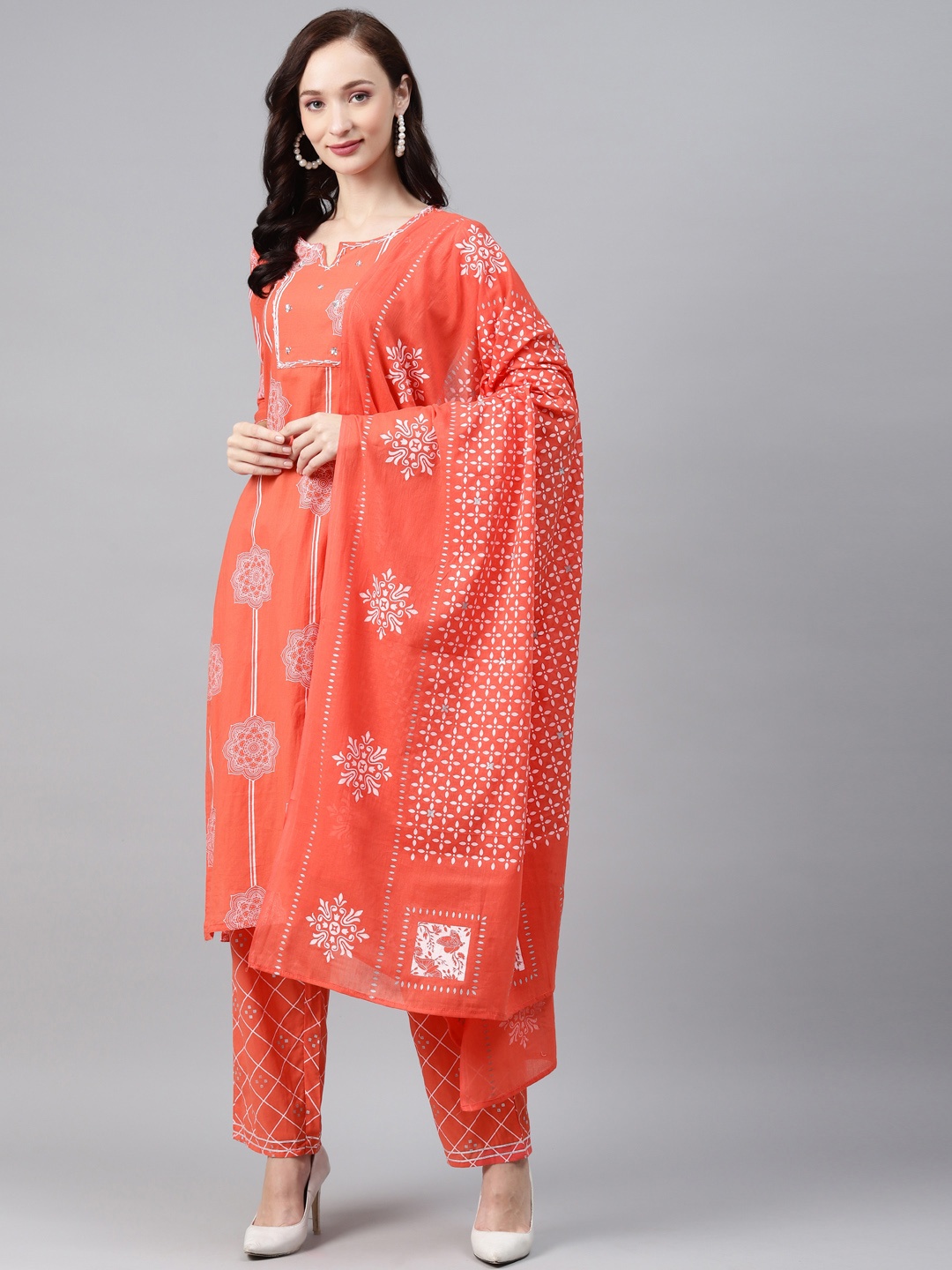 

Anubhutee Women Red Ethnic Motifs Printed Sequinned Pure Cotton Kurta with Trousers & With Dupatta