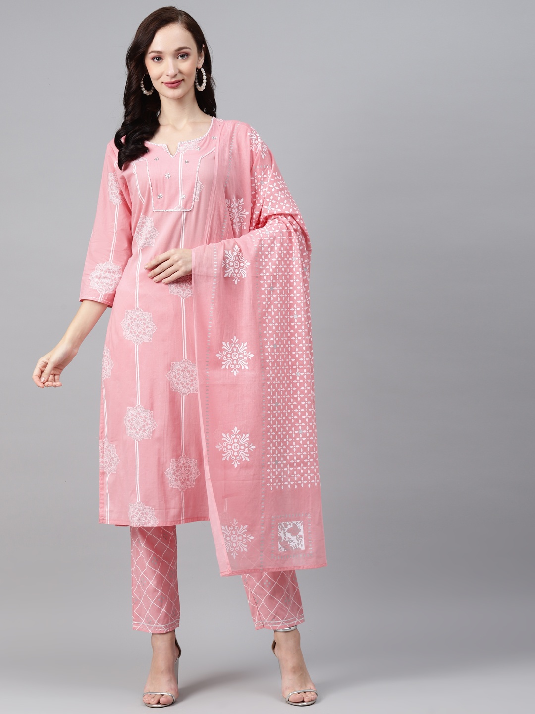 

Anubhutee Women Pink Ethnic Motifs Printed Sequinned Pure Cotton Kurta with Trousers & With Dupatta