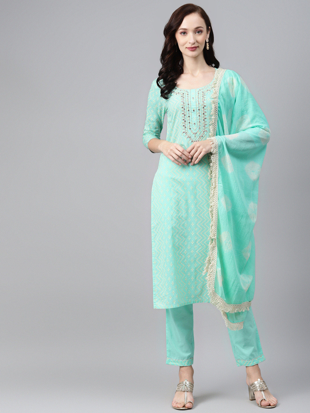 

Anubhutee Women Blue Bandhani Printed Mirror Work Pure Cotton Kurta with Trousers & With Dupatta